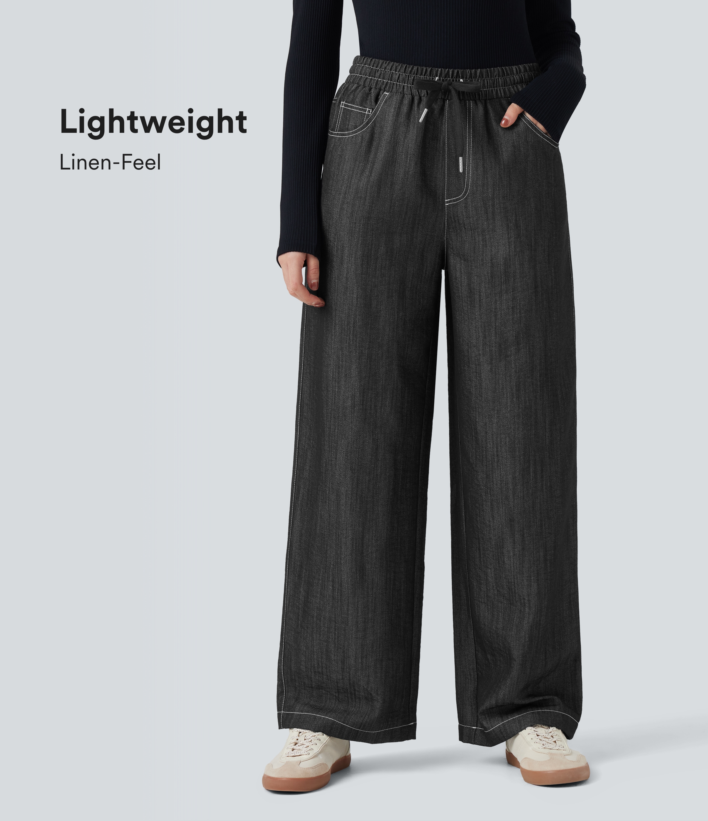 Wrinkle-Resistant High Waisted Drawstring Wide Leg Denim Like Casual Linen-Feel Pants with Pockets
