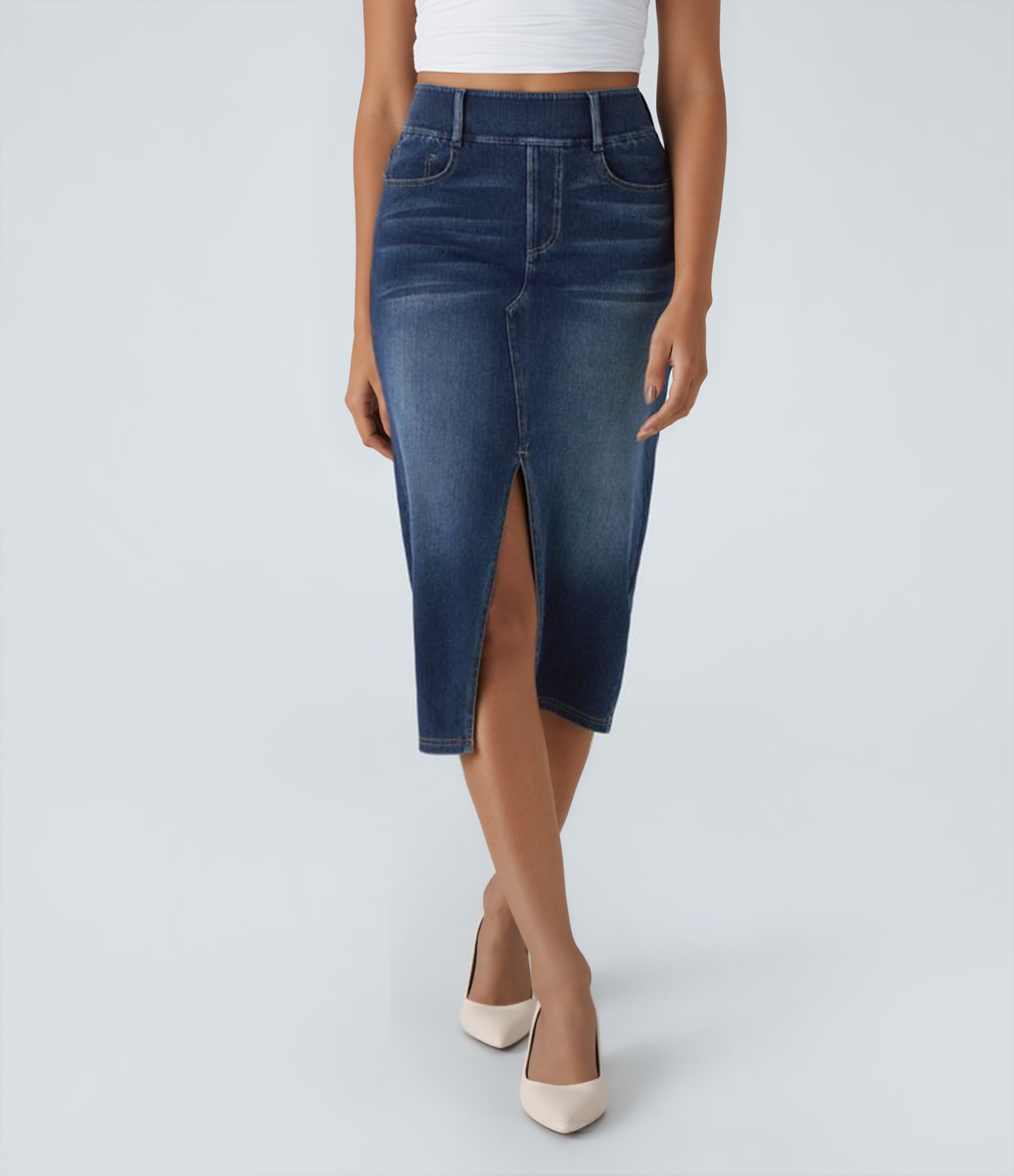 Jupe midi décontractée en jean délavé taille haute et poches Halara Flex™