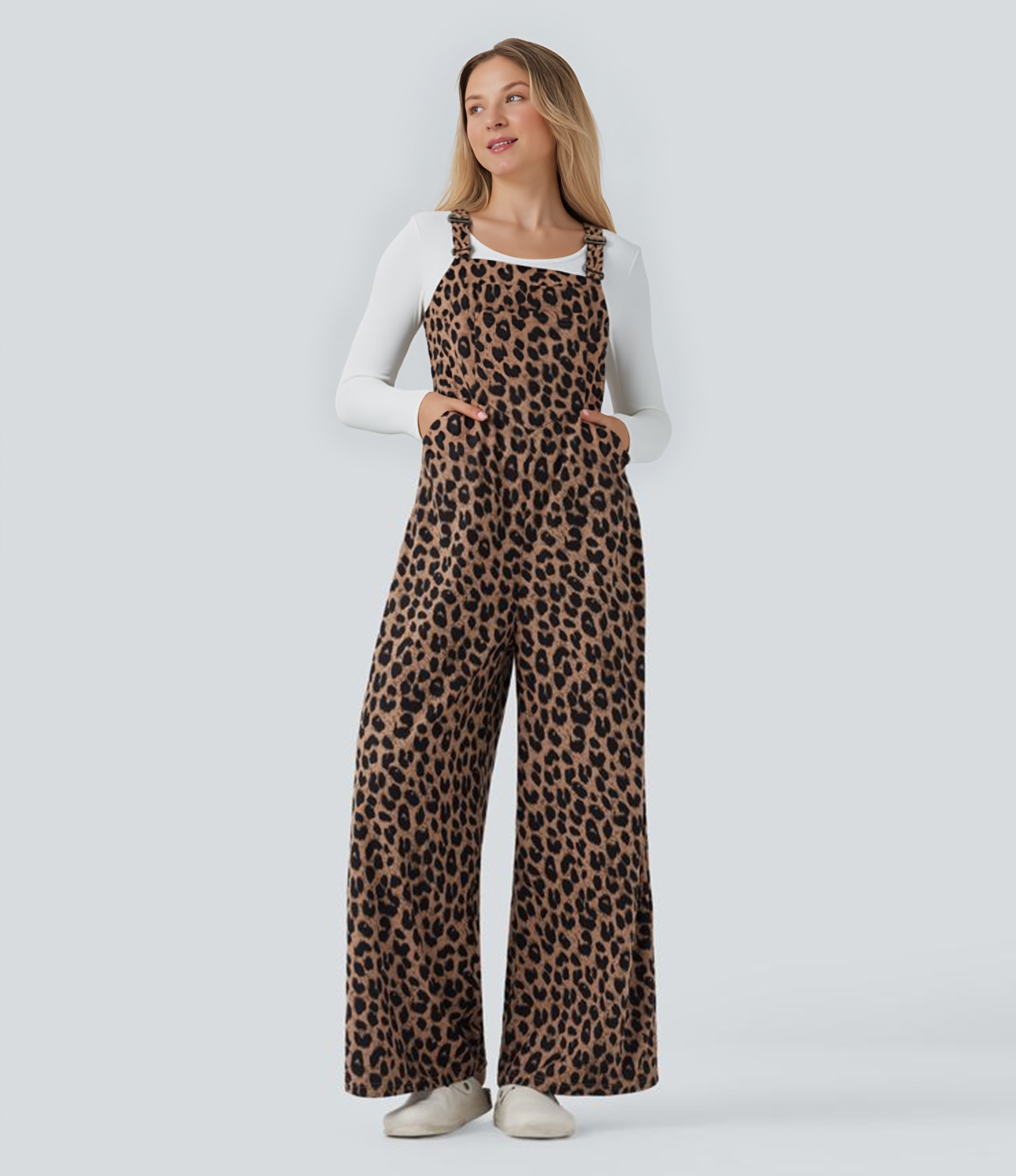 Leopard Print Waffle Casual Dungarees with Pockets