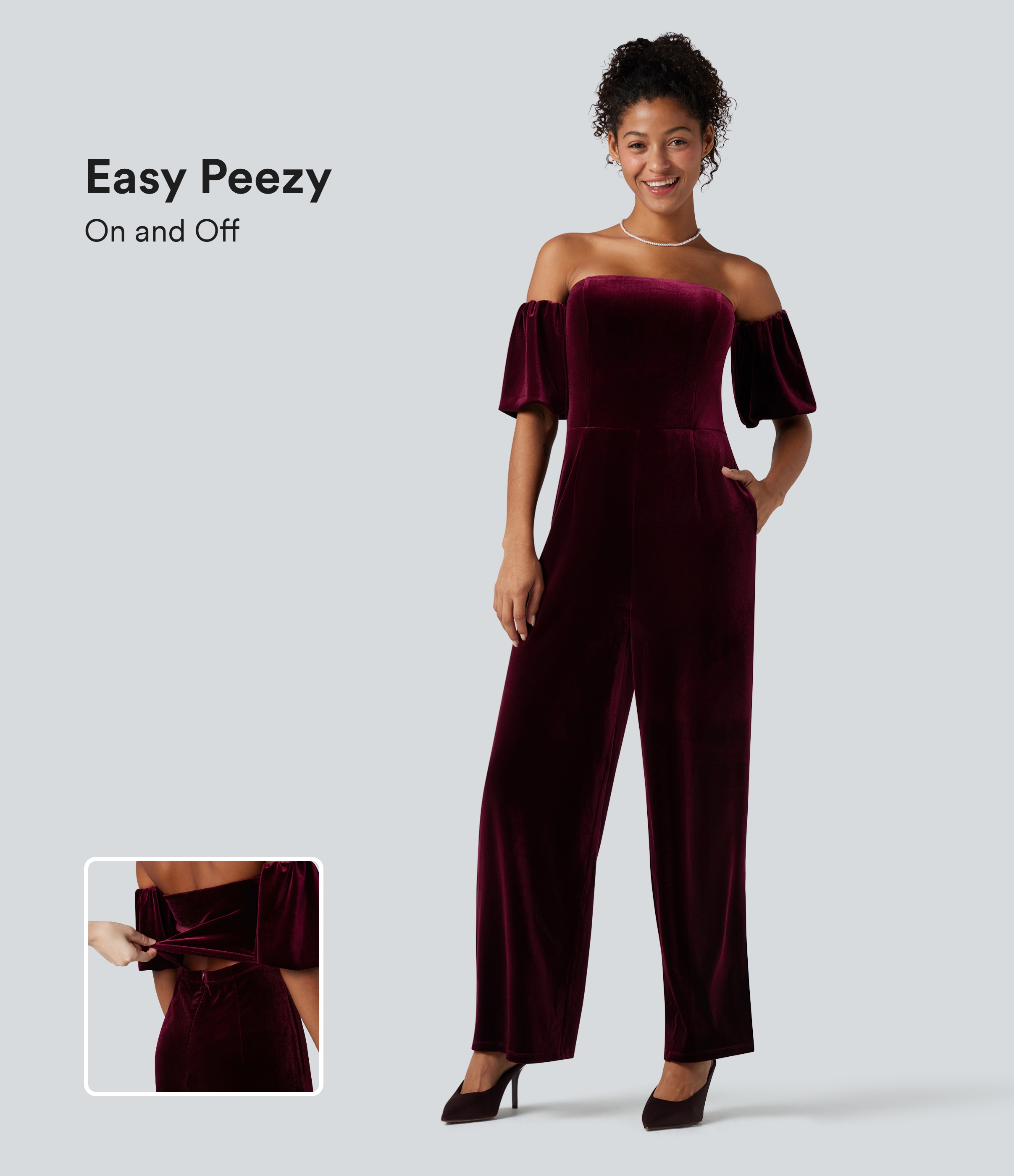 Tube Puff Sleeve Split Velvet Party Jumpsuit-Easy Peezy