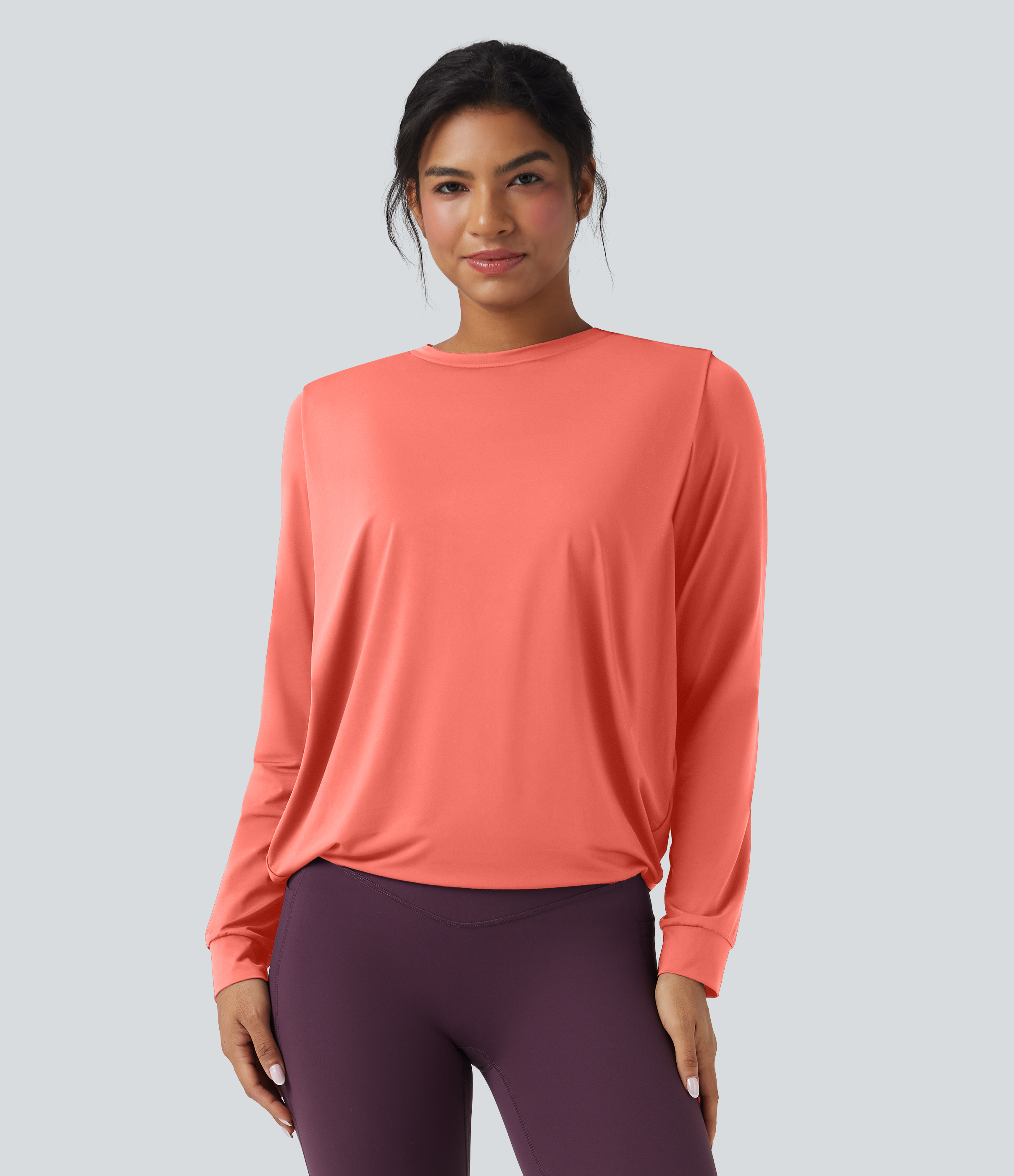 Round Neck Long Sleeve Ruched Yoga Sports Top-UPF50+