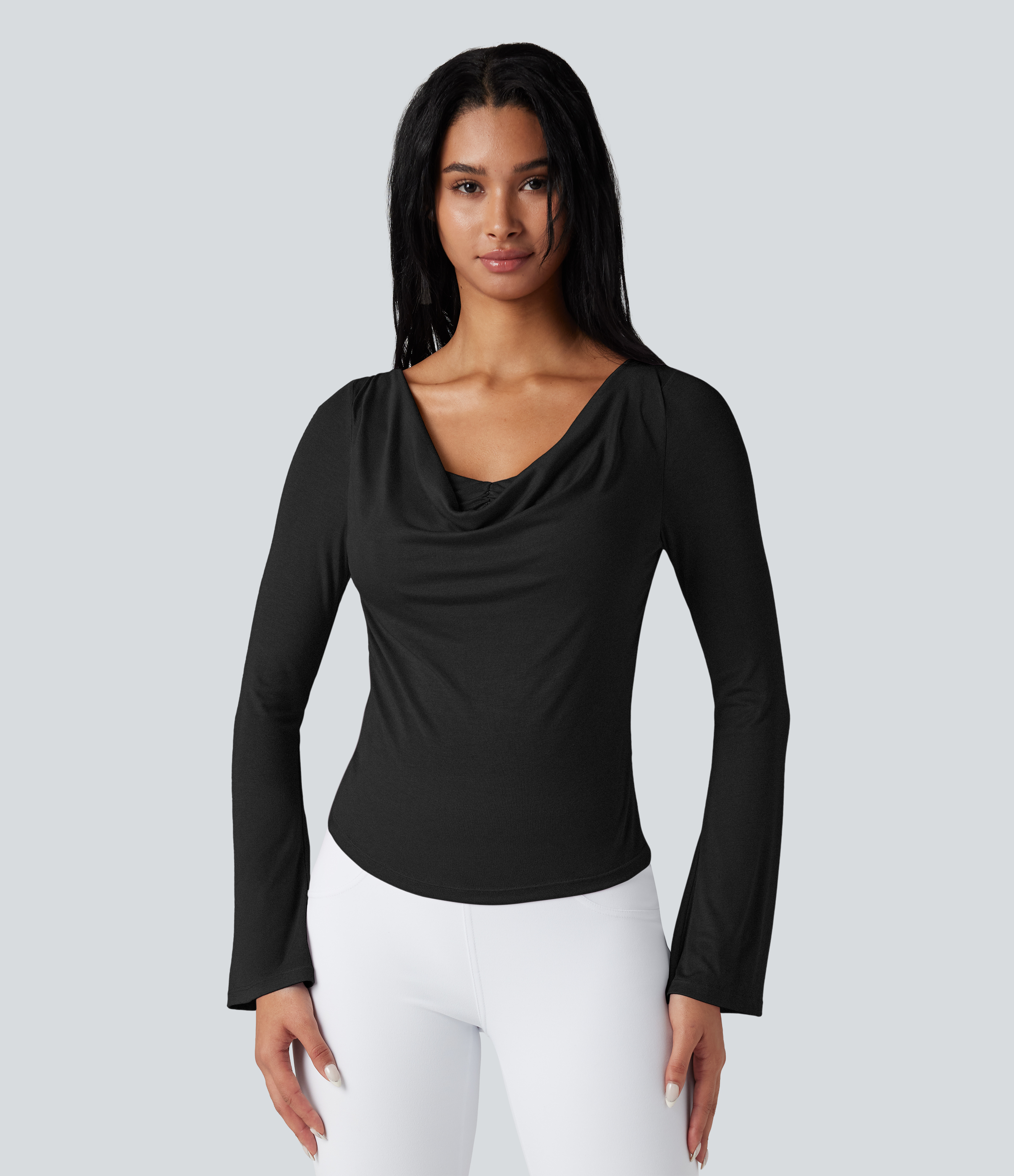 Top de sport danse côtelé col bénitier manches longues