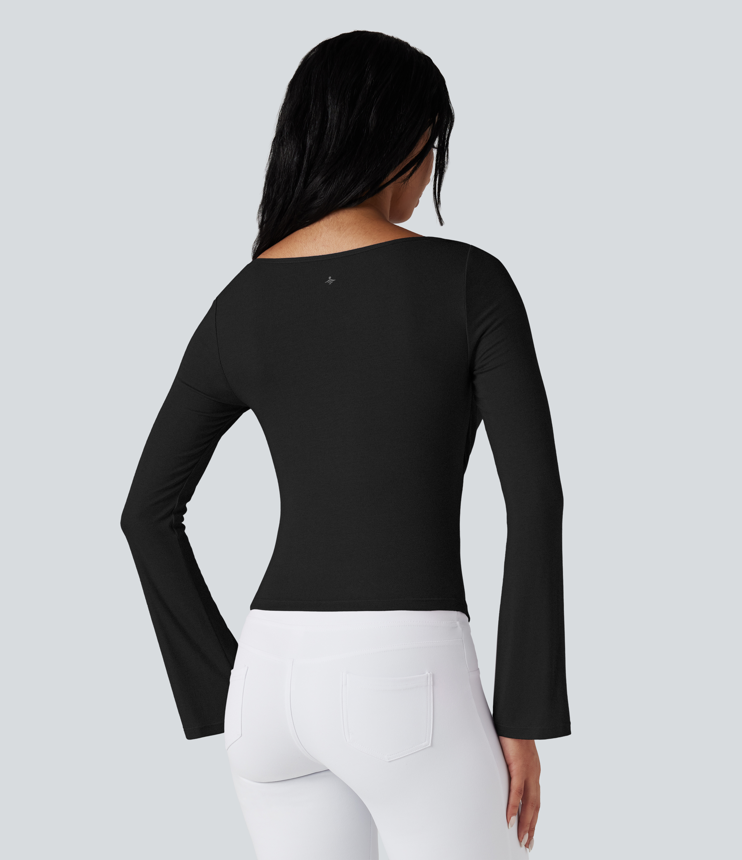 Noir Top de sport danse côtelé col bénitier manches longues / 2