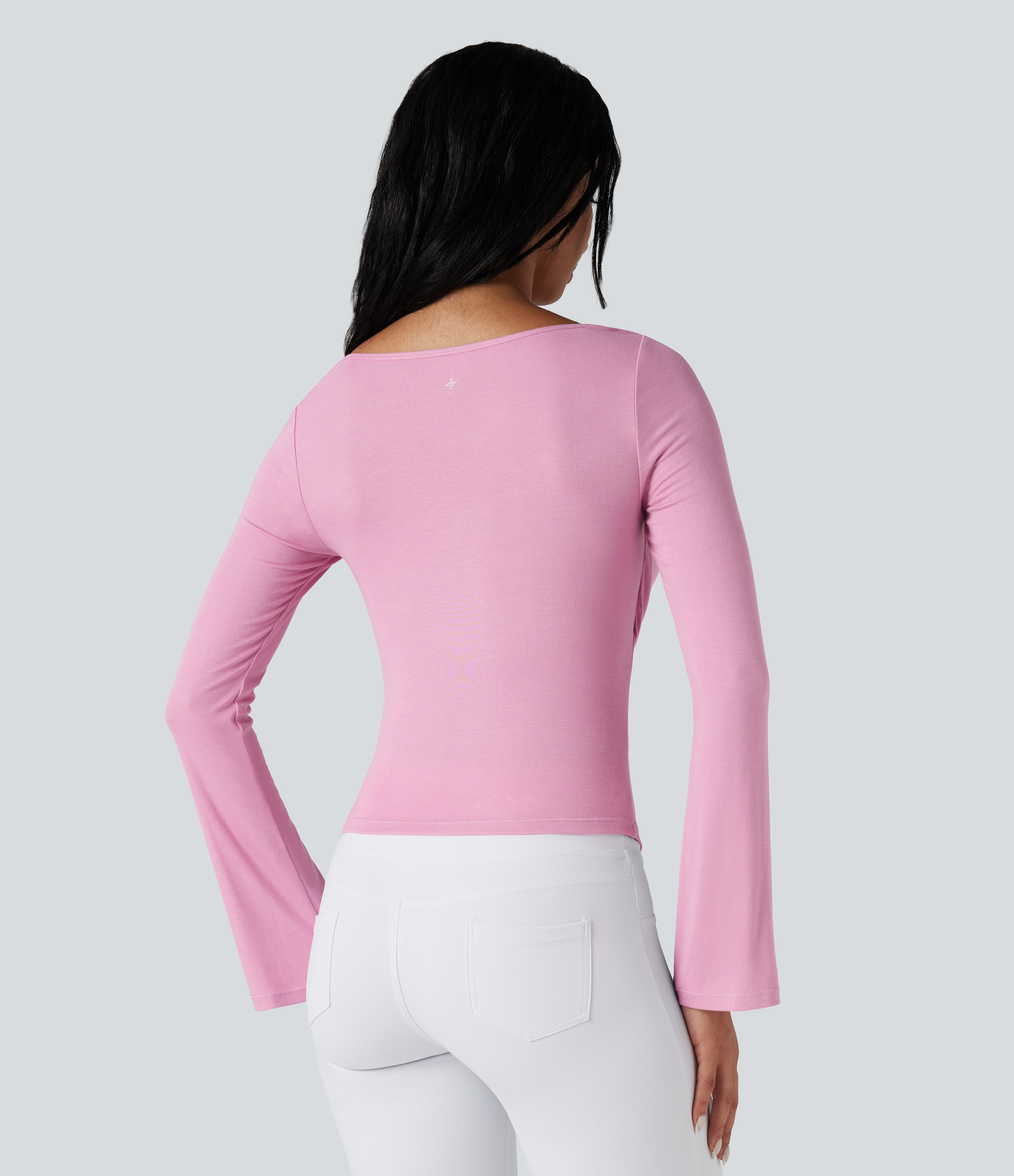 Sweet Lilac Geripptes Sport-Top mit Wasserfallausschnitt und langen Ärmeln / 2