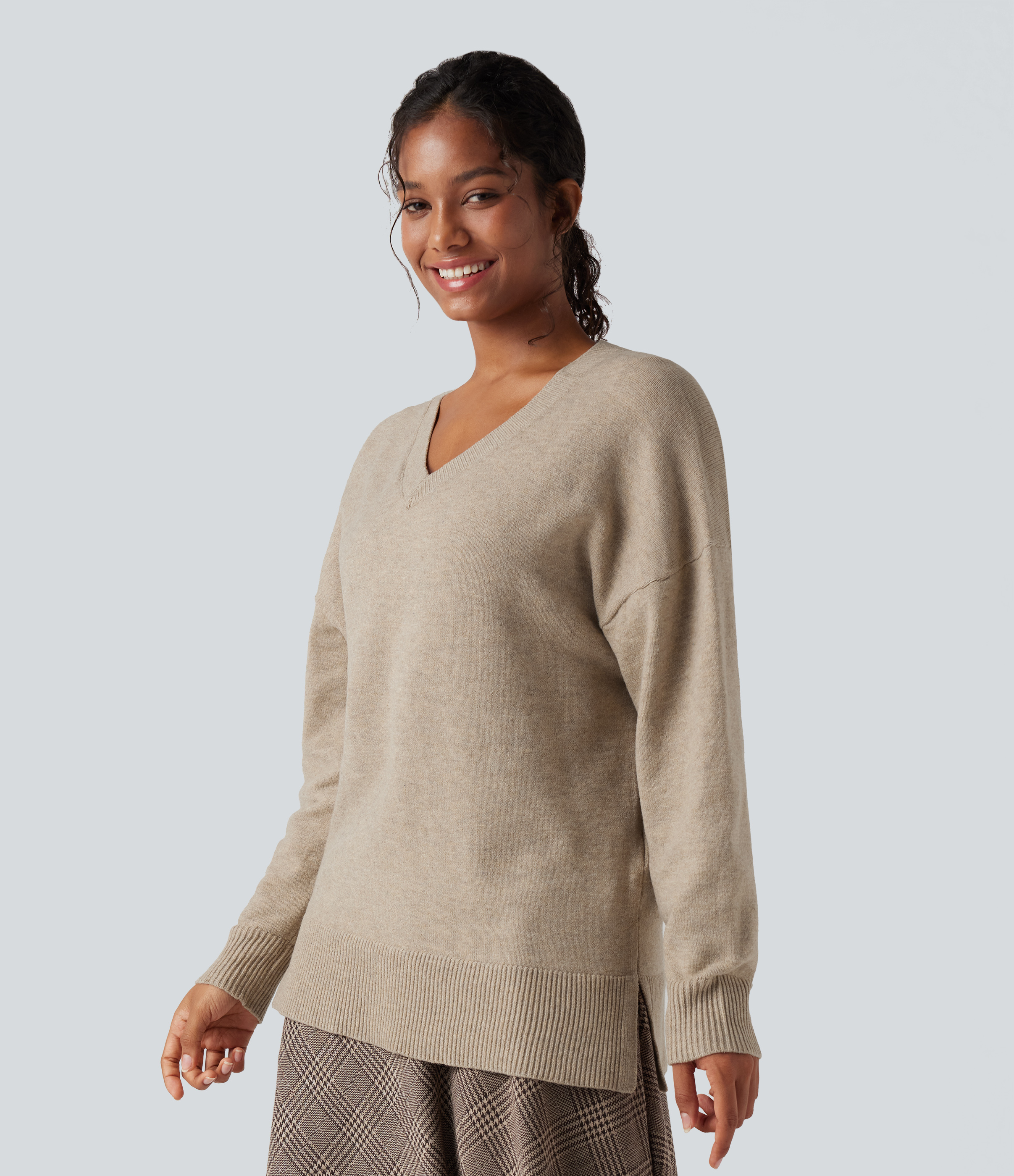V-neck Long Sleeve Split Hem Casual Sweater