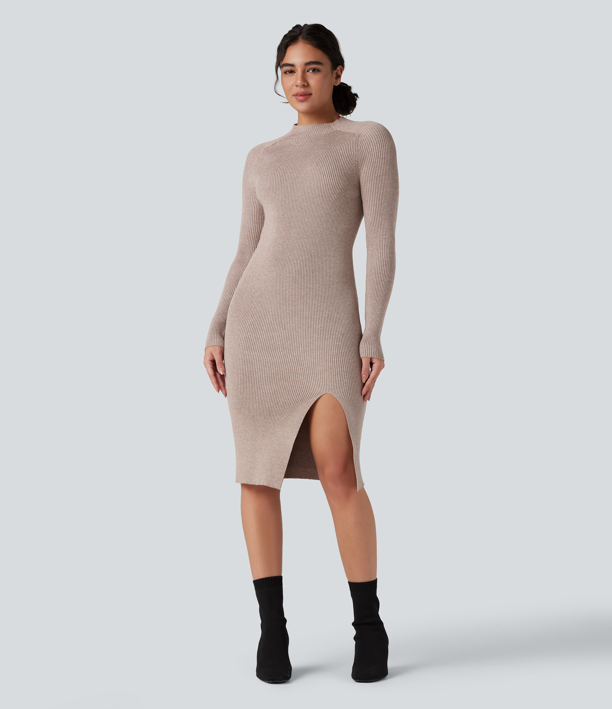 Mock-neck Long Sleeve Split Hem Bodycon Midi Work Sweater Dress