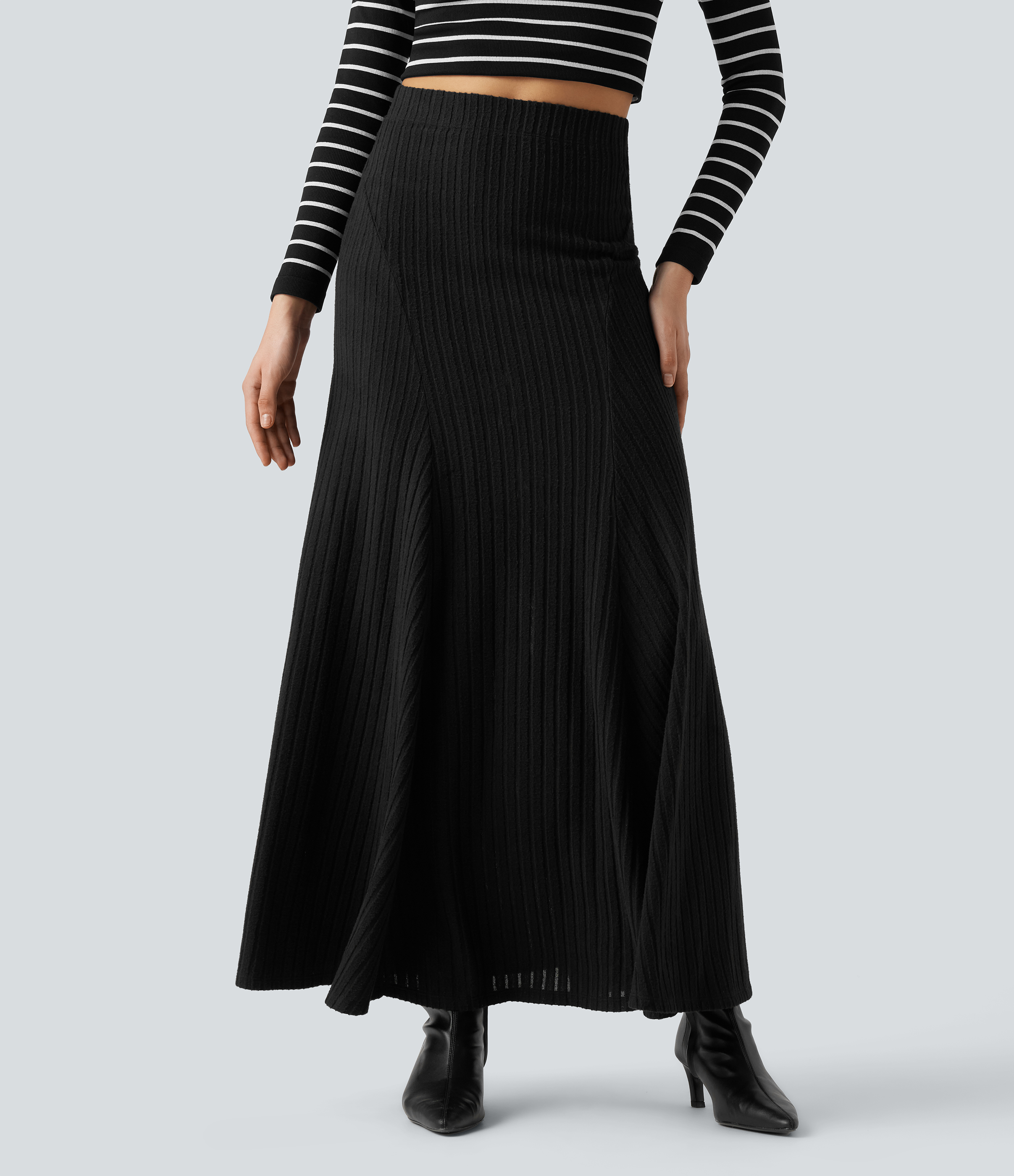 Ribbed Knit High-waisted Maxi Casual A-line Skirt