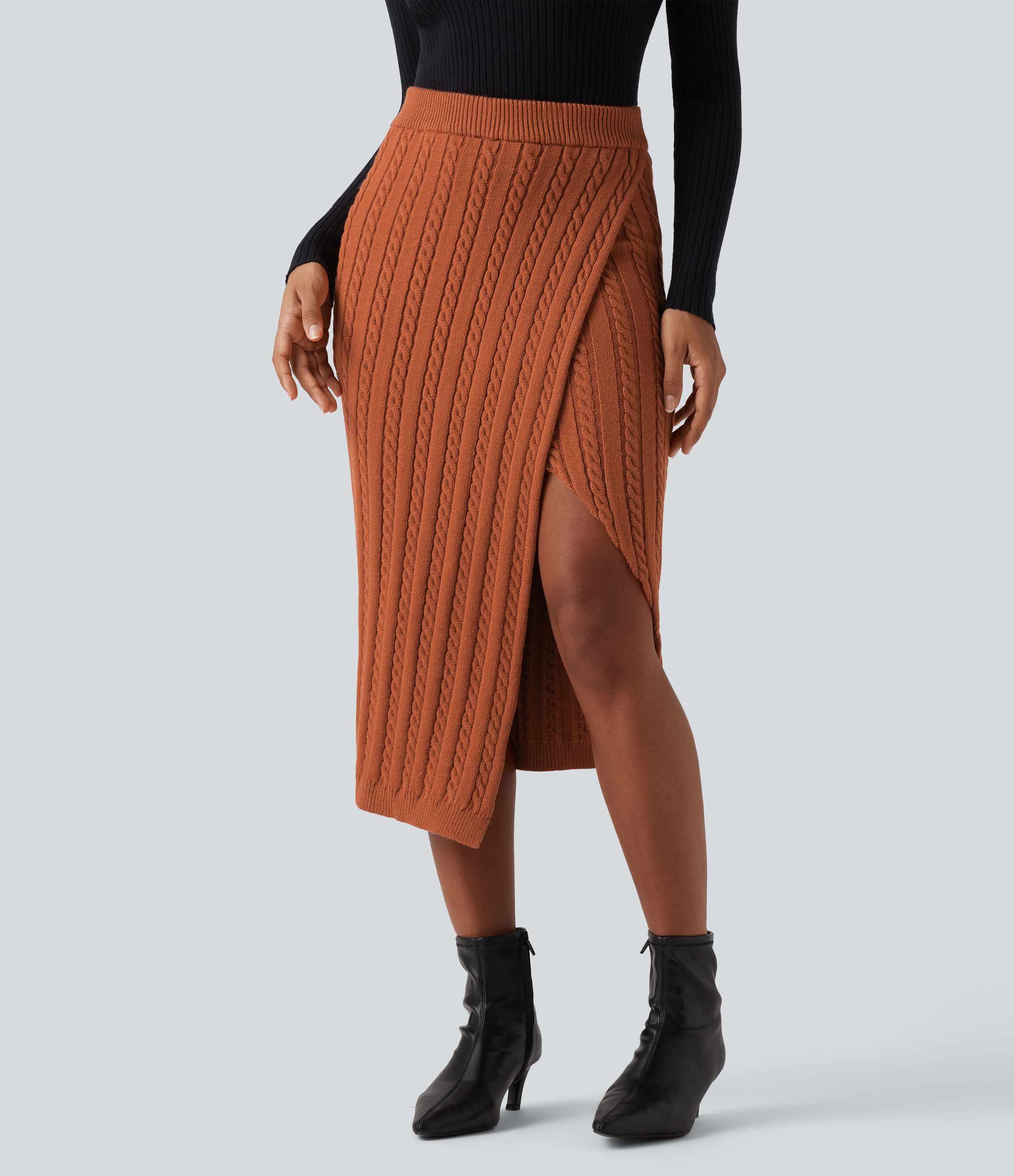 Mango Jupe-pull décontractée midi en maille torsadée, taille haute, moulante et fendue / 1