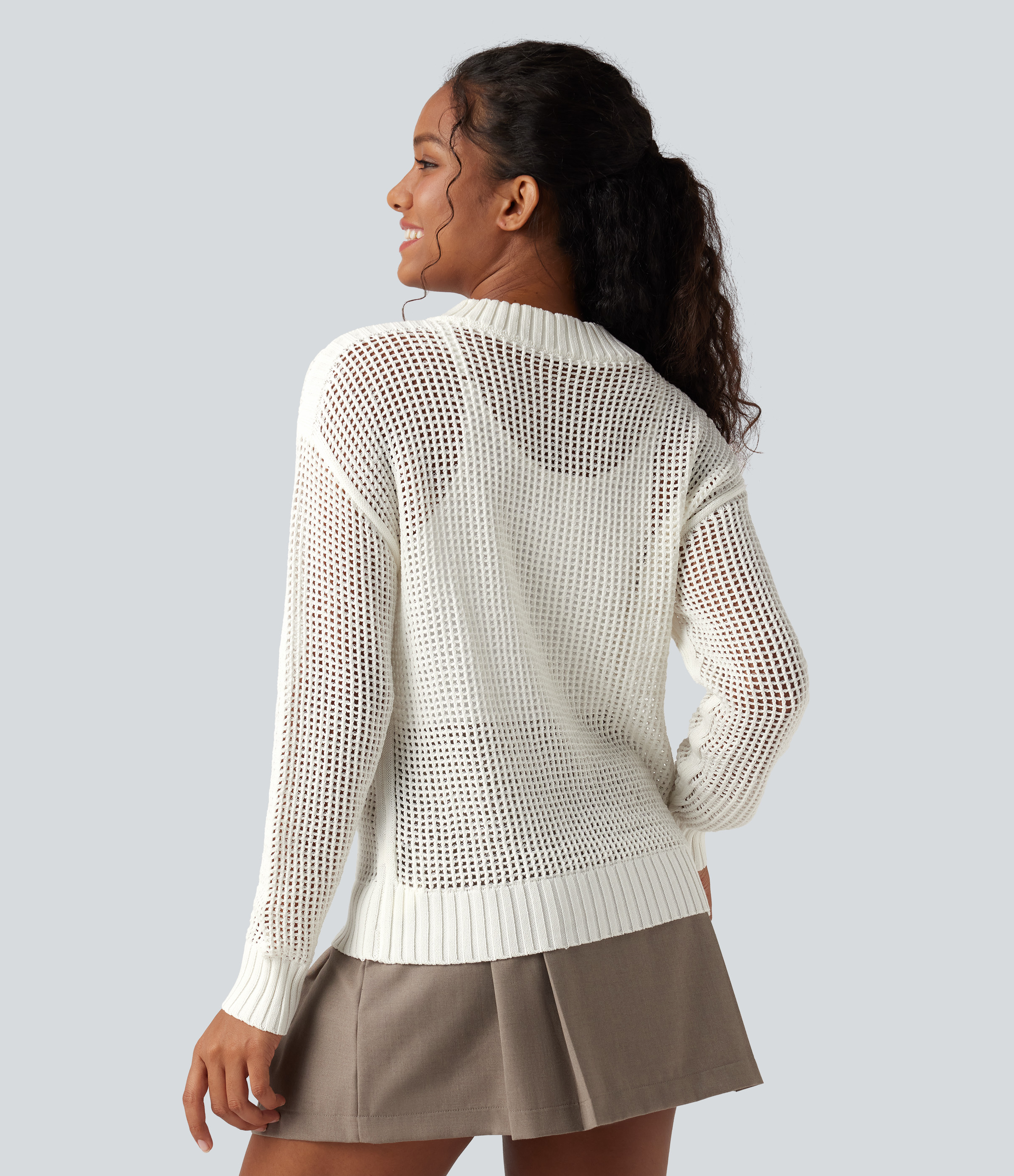Weiß Lässiger Pullover mit Rundhalsausschnitt, halbem Reißverschluss, langen Ärmeln und Ausschnitten / 2
