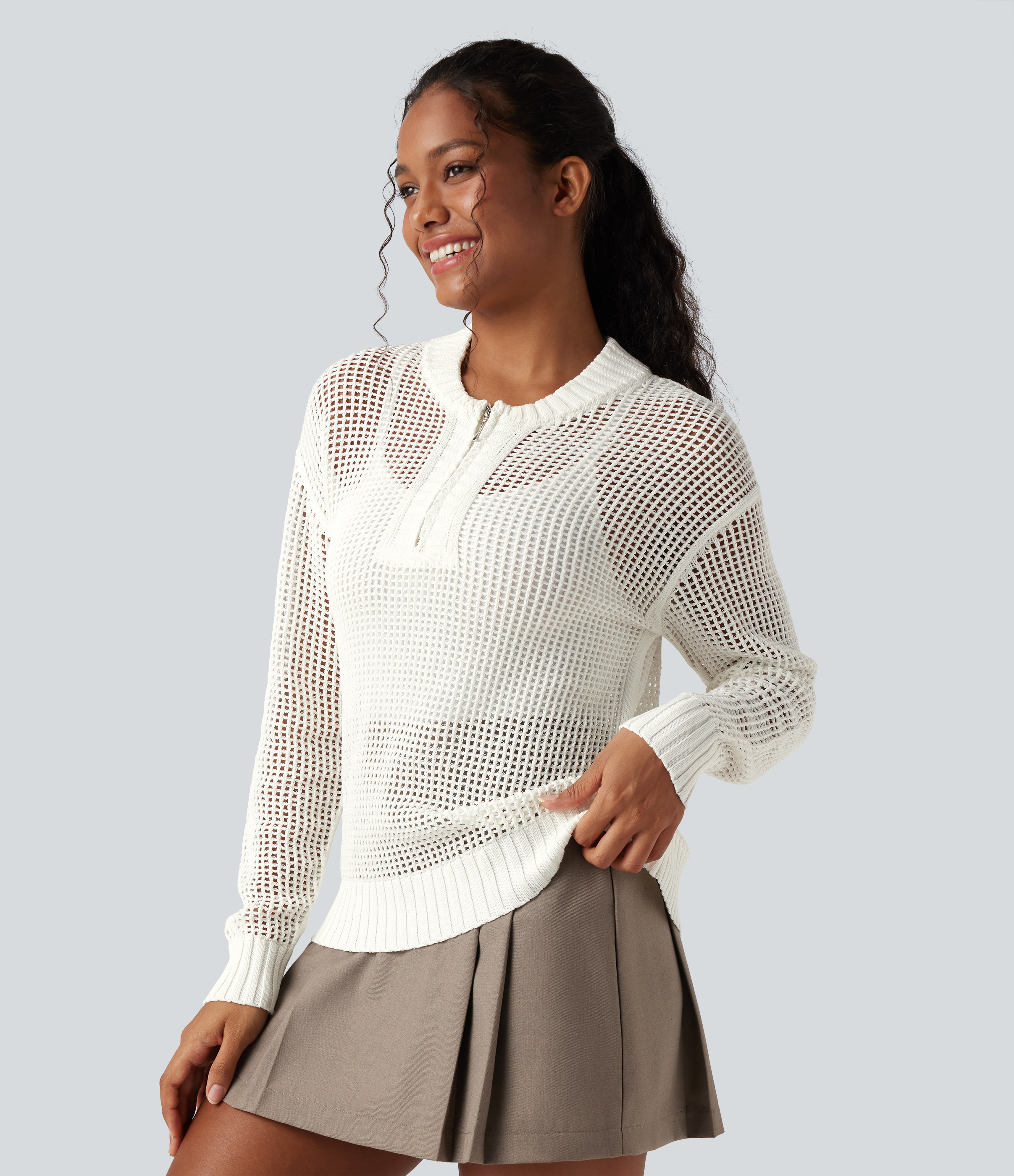 Round Neck Half Zipper Long Sleeve Hollow Out Casual Sweater