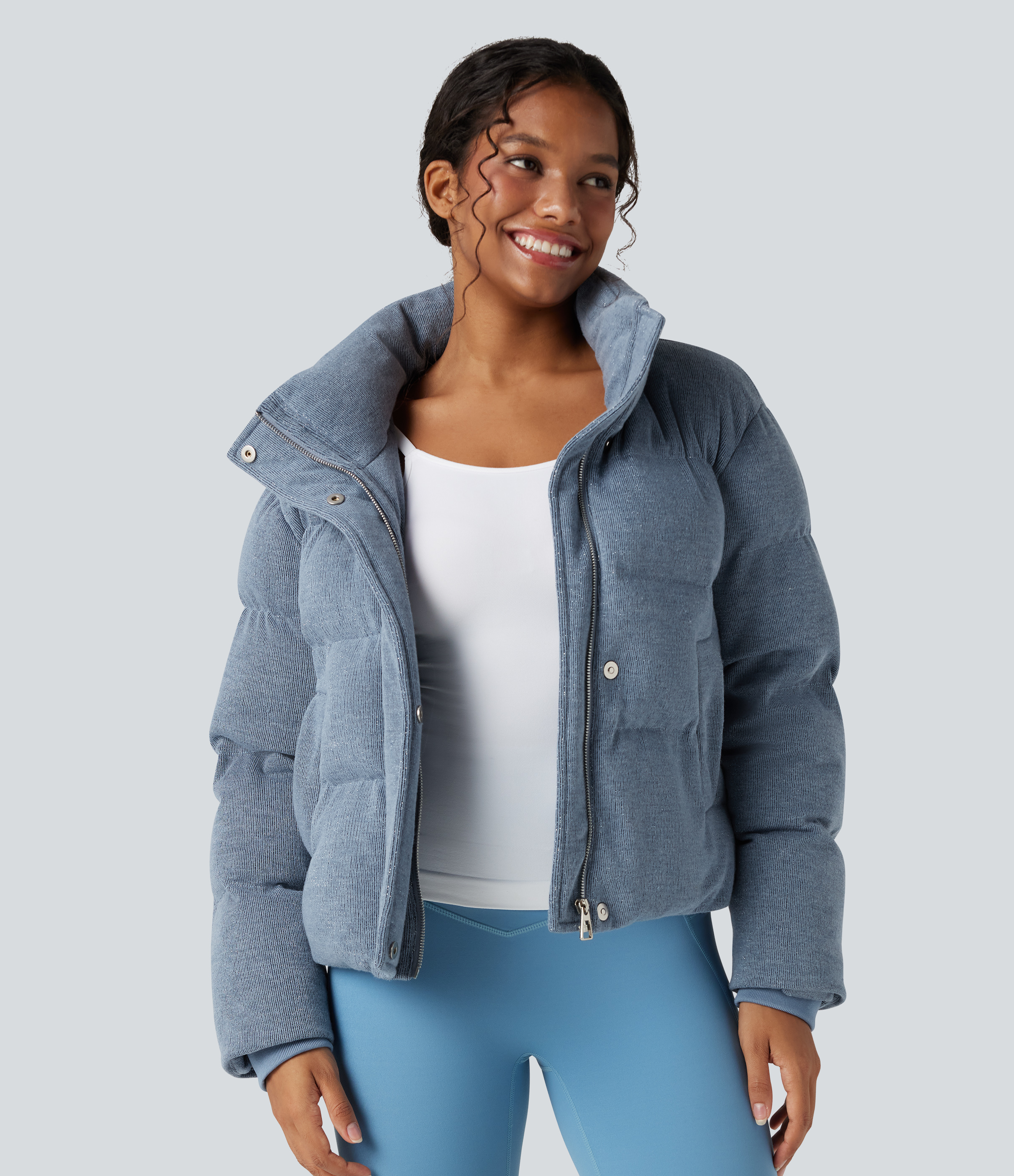 Doudoune décontractée à col montant, ourlet à cordon de serrage et paillettes, avec poches