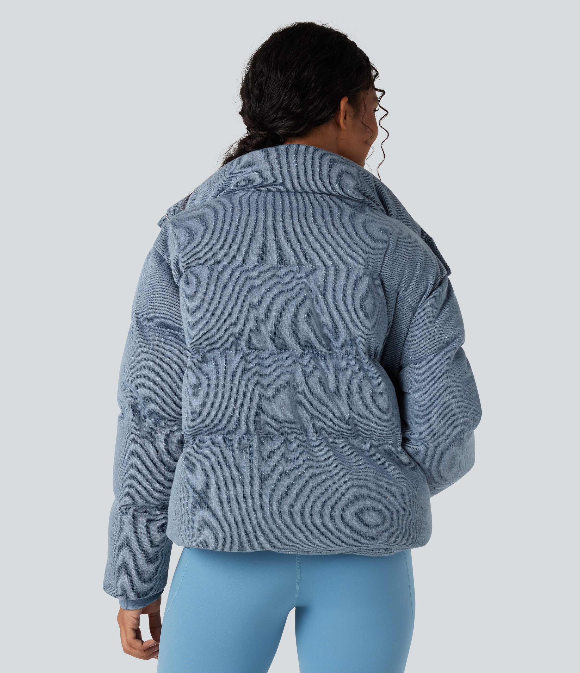Ashley Blue High Neck Drawstring Hem Sparkle Casual Puffer Jacket with Pockets / 2