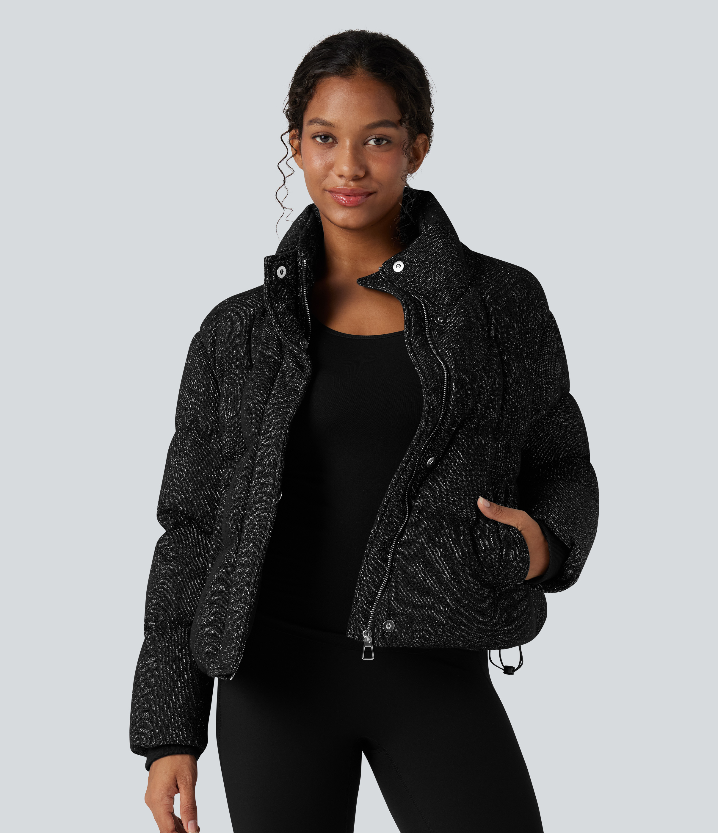 Black High Neck Drawstring Hem Sparkle Casual Puffer Jacket with Pockets / 2