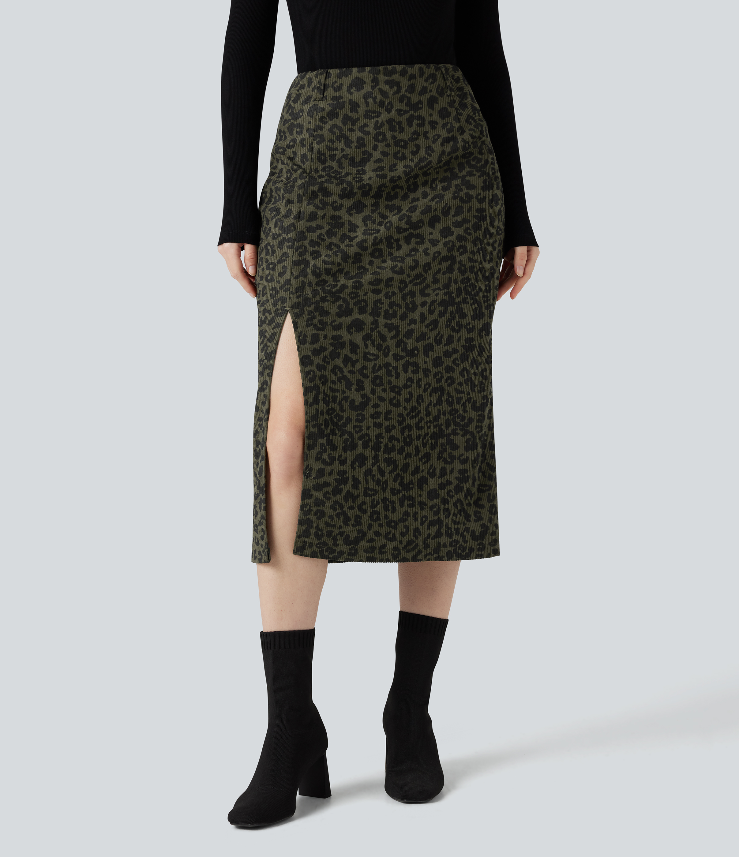 High Waisted Split Hem Midi Leopard Print Corduroy Casual Pencil Skirt