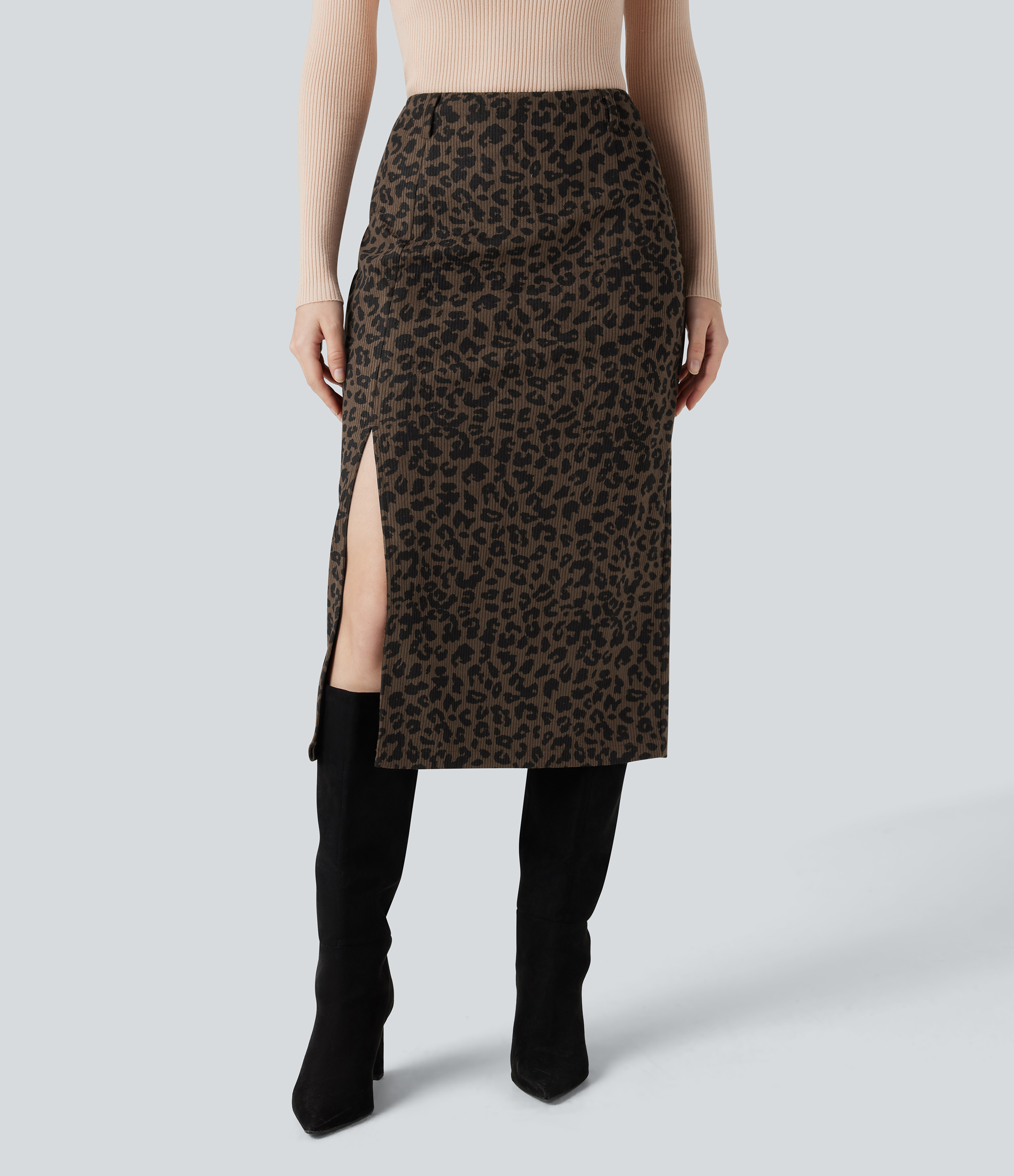High Waisted Split Hem Midi Leopard Print Corduroy Casual Pencil Skirt