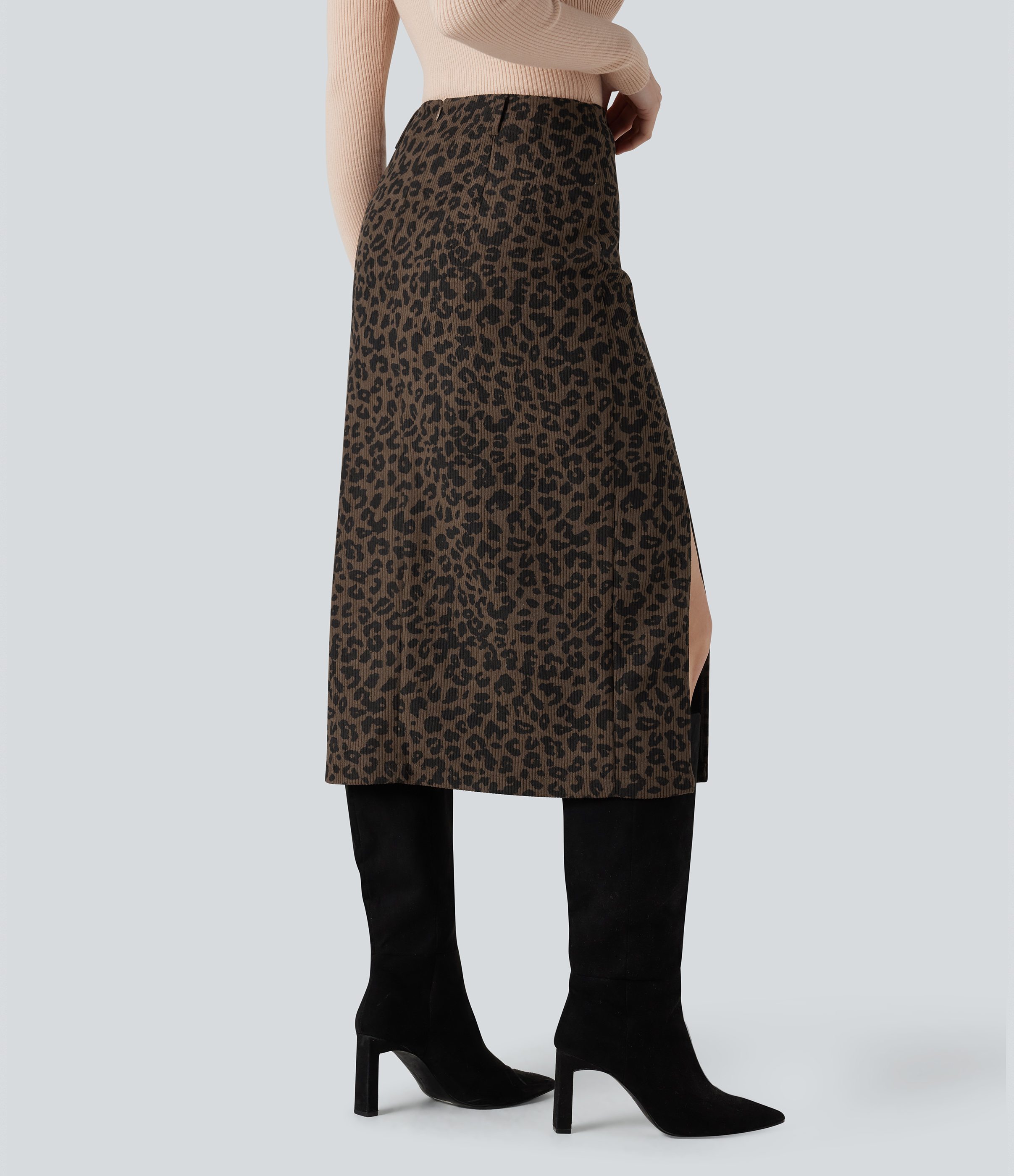 Amber Leopard High Waisted Split Hem Midi Leopard Print Corduroy Casual Pencil Skirt / 2