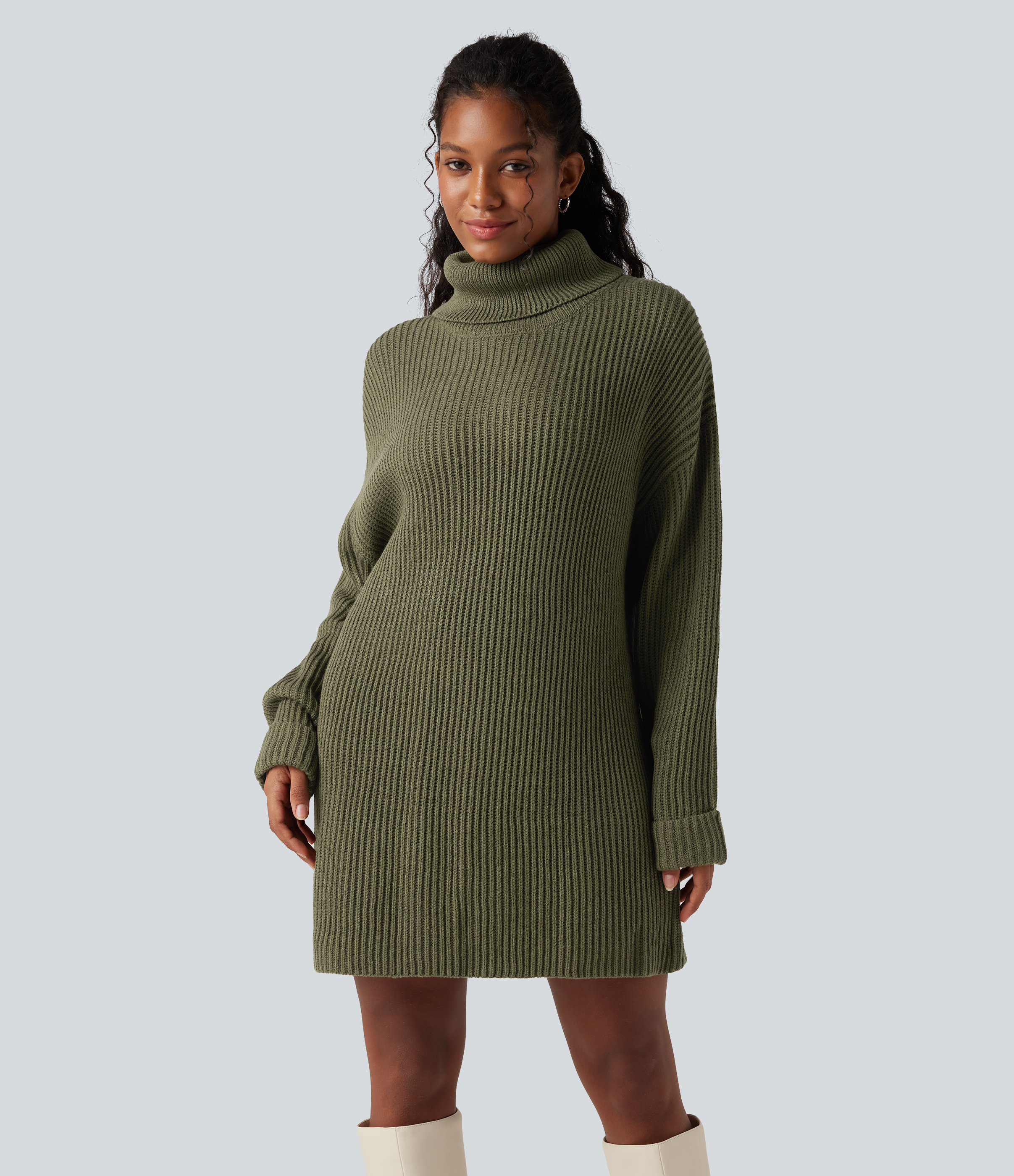 Robe pull courte tailleur col montant manches longues