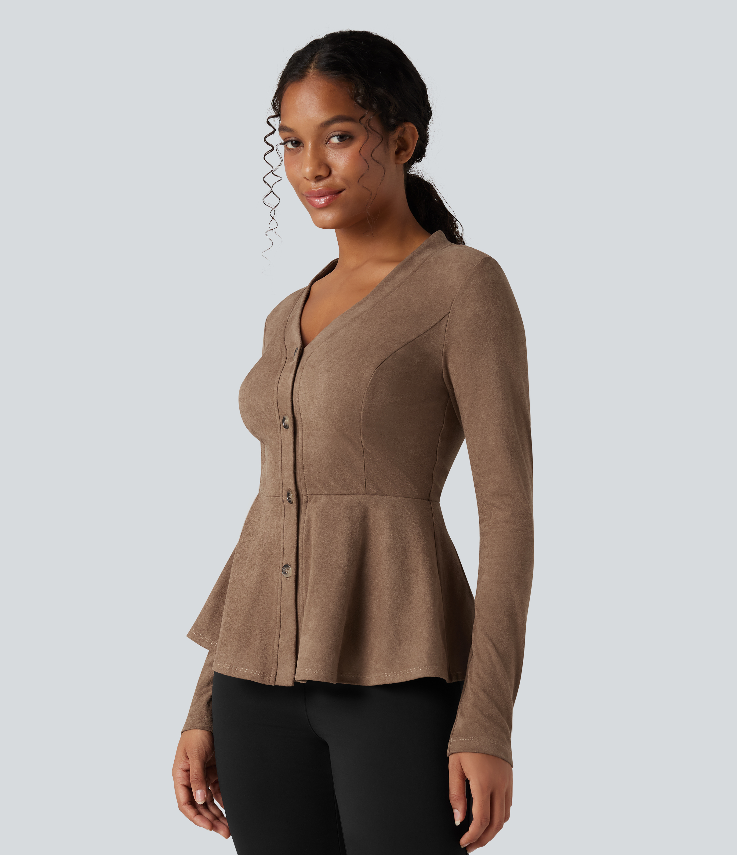 V-neck Long Sleeve Ruffle Hem Casual Suede Jacket