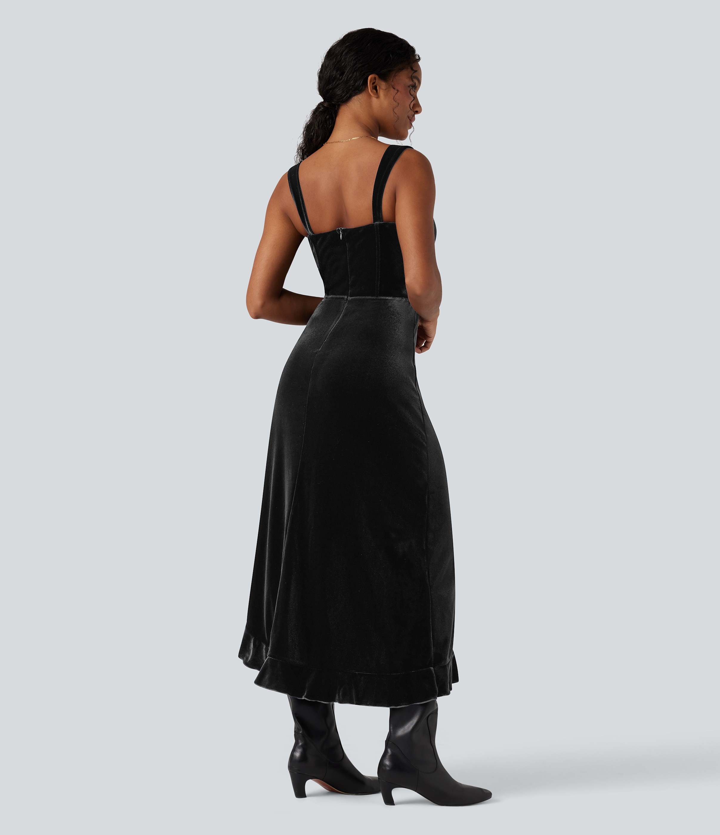 Noir Robe mi-longue en velours encolure Queen Anne avec nœud devant et volants à l'ourlet / 2