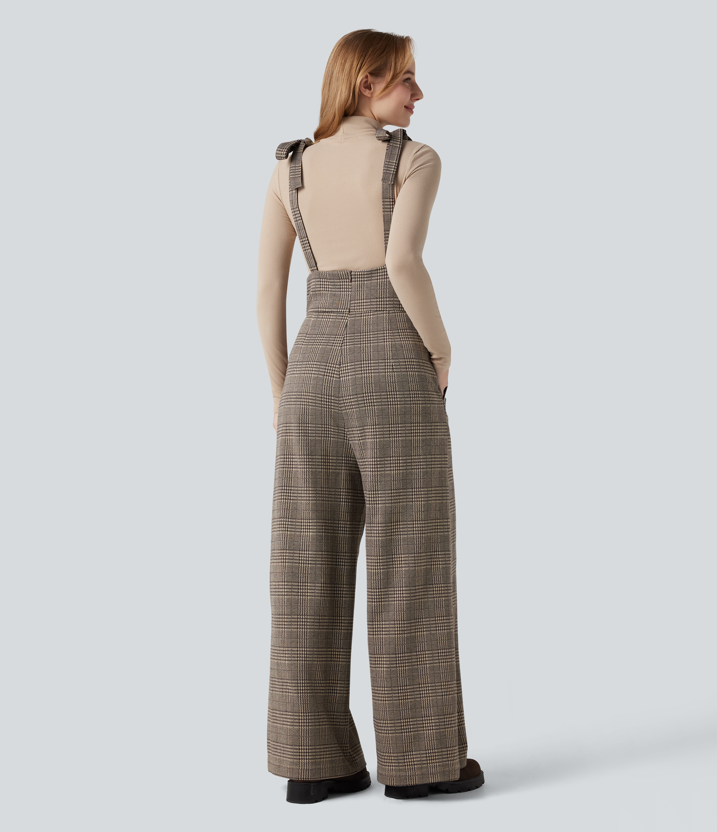 Brown Houndstooth Plaid Tie Side Wide Leg Houndstooth Plaid Work Dungarees with Pockets / 2