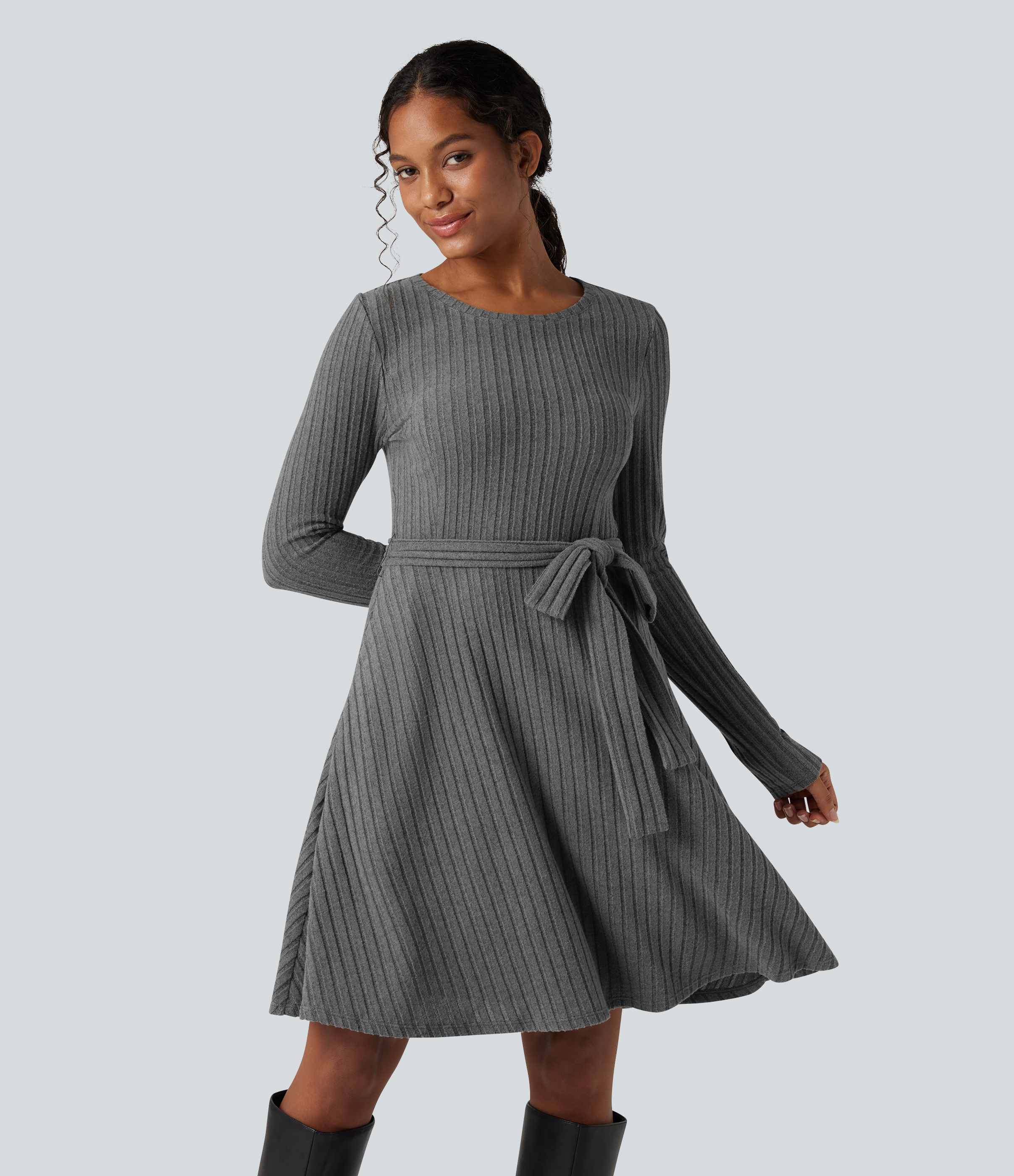 knitted mottled dress XS Dark Gray Ribbed Knit Round Neck Long Sleeve Belted Casual with Pockets pagan designs