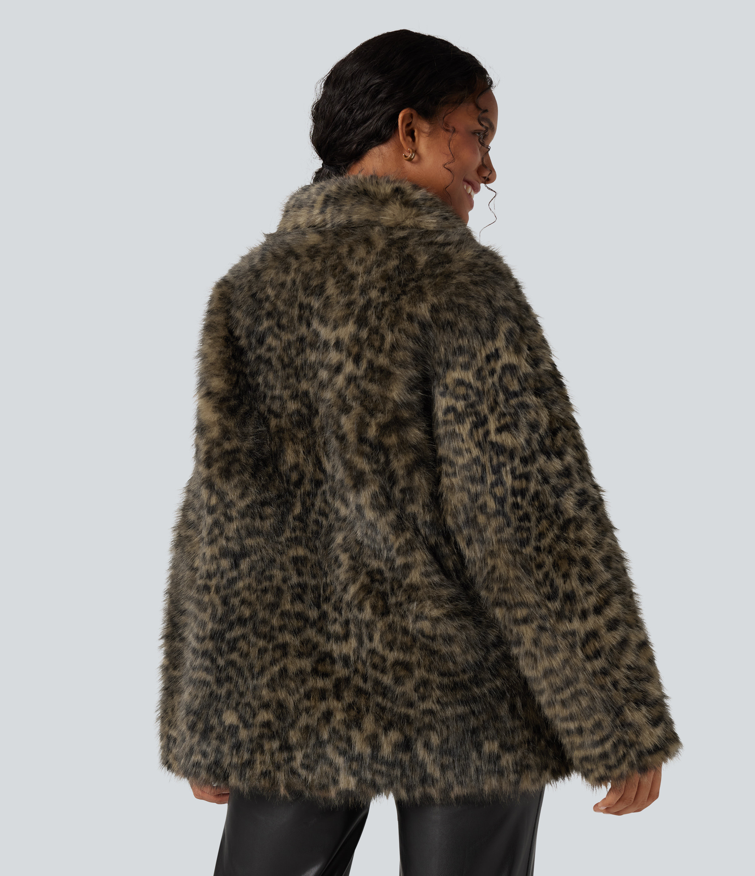 Classic Leopard Long Sleeve Casual Faux Fur Coat with Pockets / 2