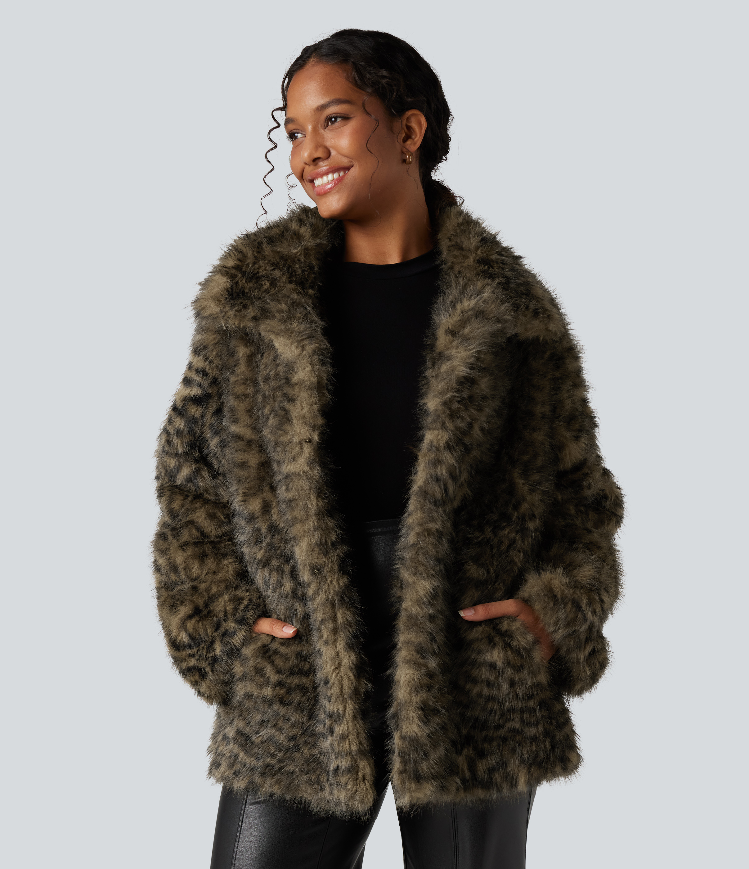 Long Sleeve Casual Faux Fur Coat with Pockets