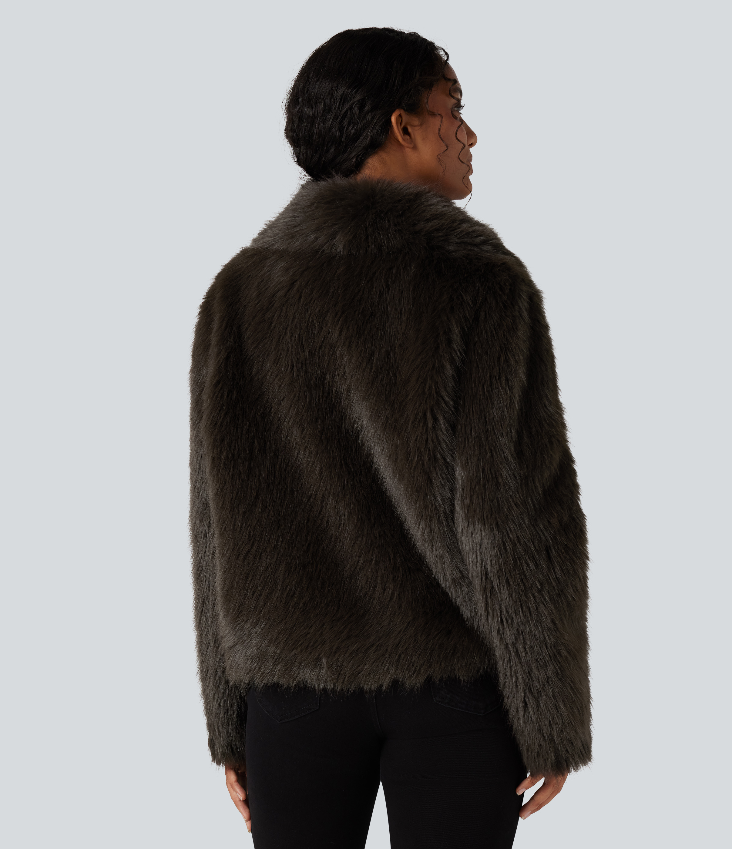 Charcoal Brown Lapel Long Sleeve Casual Faux Fur Coat with Pockets / 2