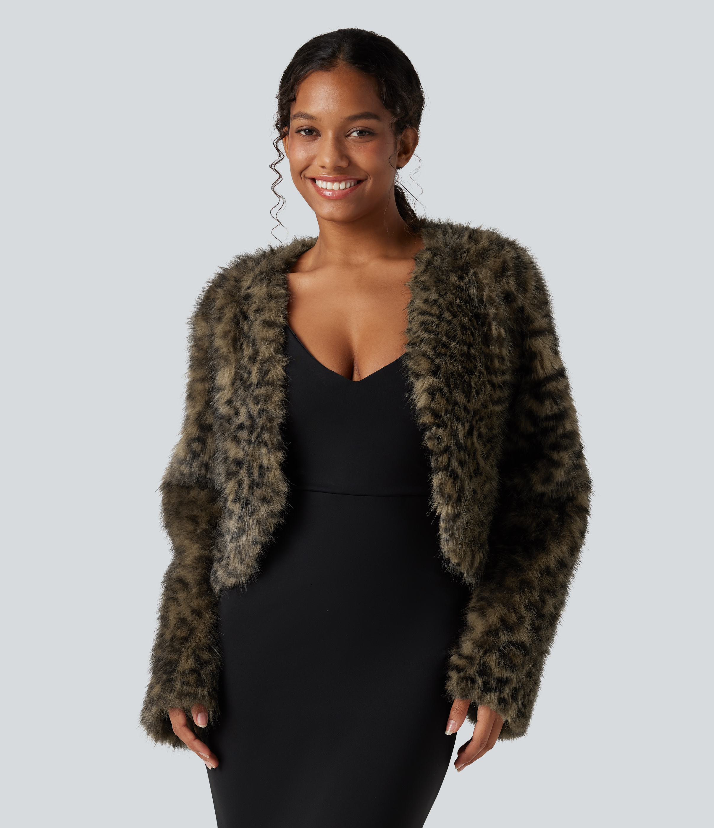 V Neck Long Sleeve Casual Faux Fur Coat