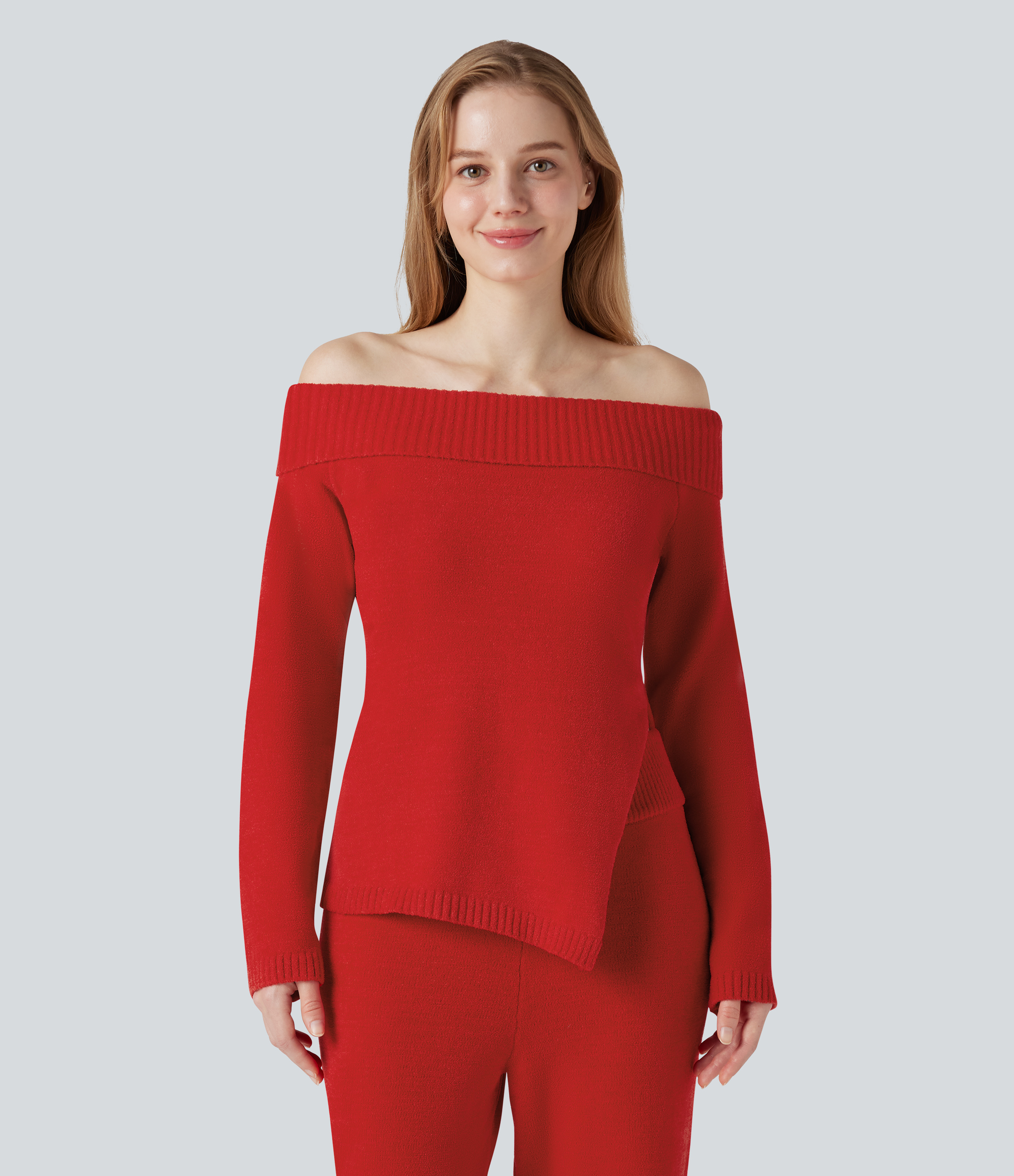 Off-shoulder Long Sleeve Split Hem Lounge Top