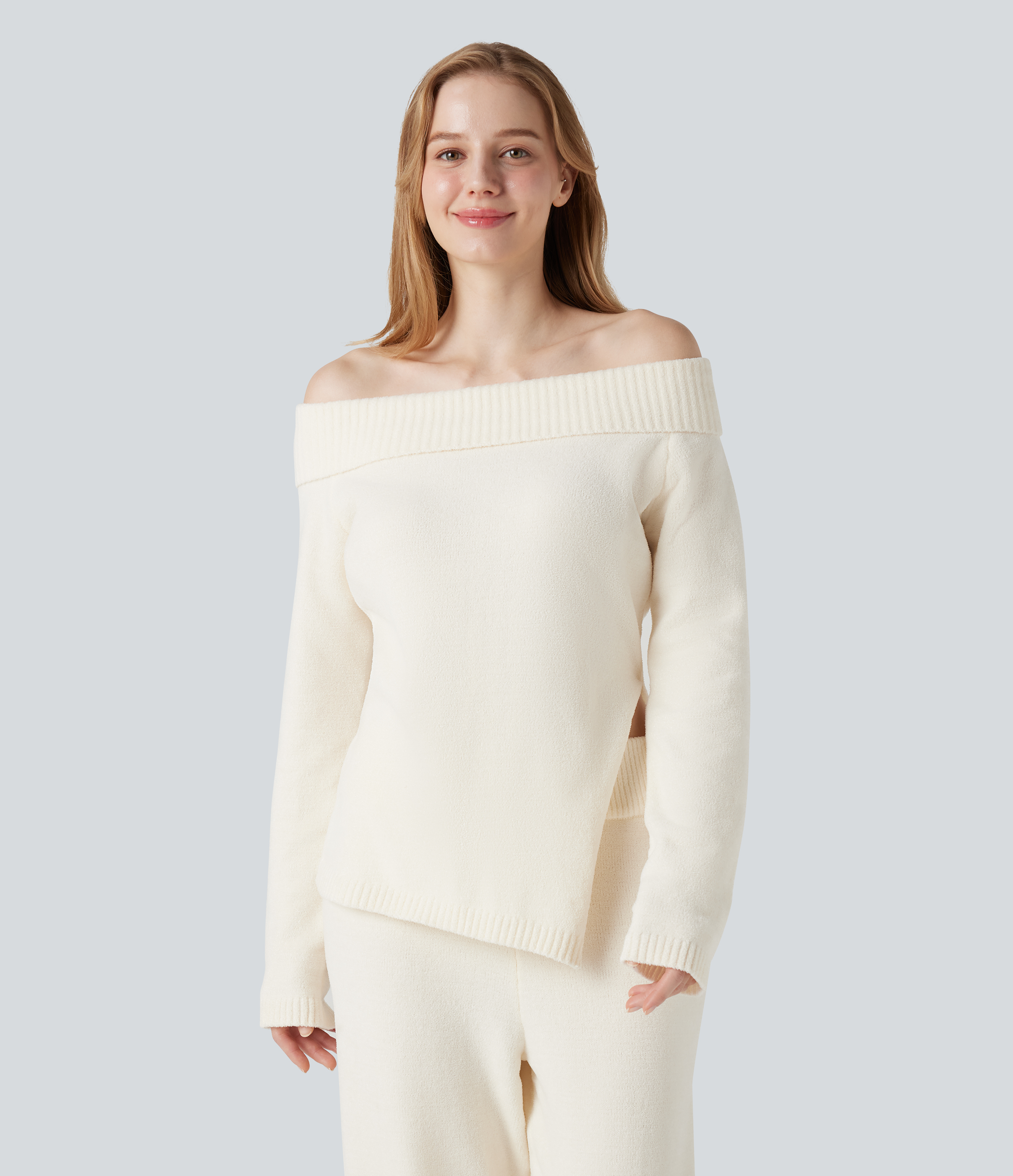 Off-shoulder Long Sleeve Split Hem Lounge Top