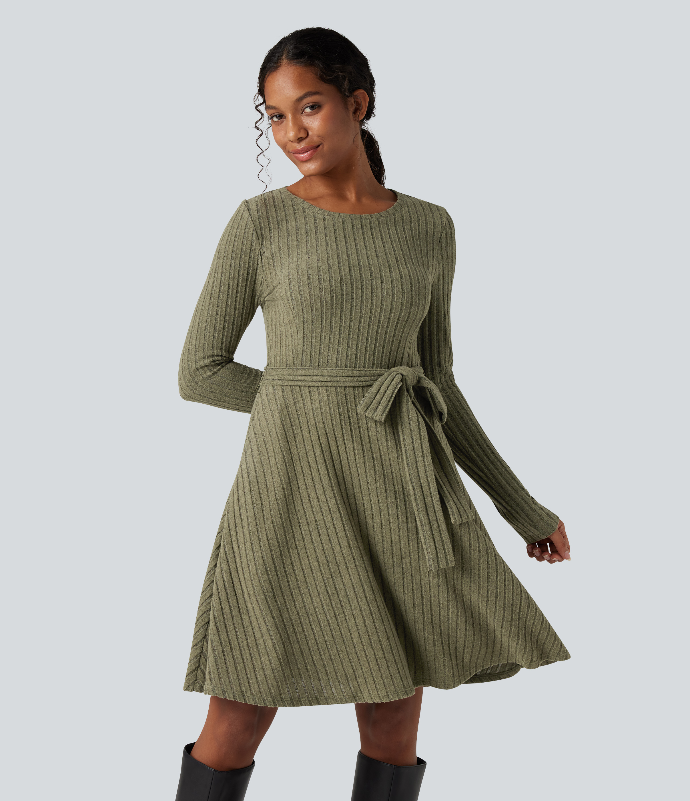 Ribbed Knit Round Neck Long Sleeve Belted Casual Dress with Pockets