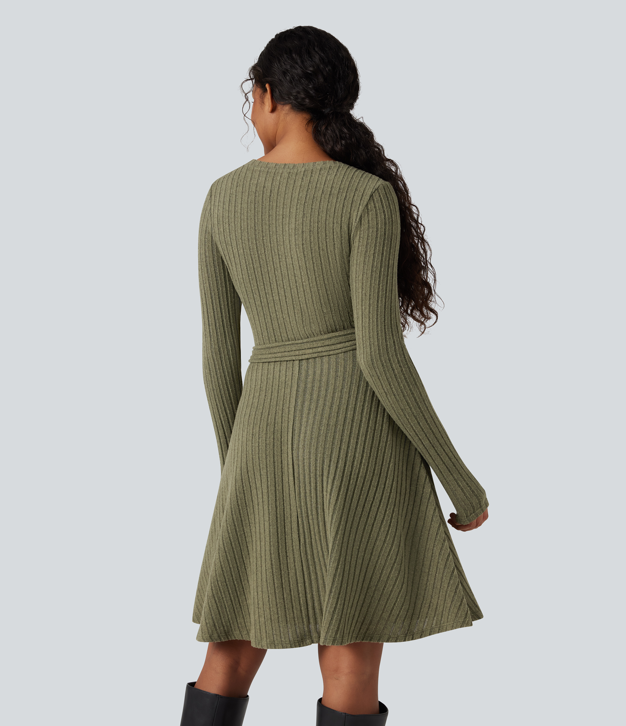 Moss Green Floral Velvet Ribbed Knit Round Neck Long Sleeve Belted Casual Dress with Pockets / 2