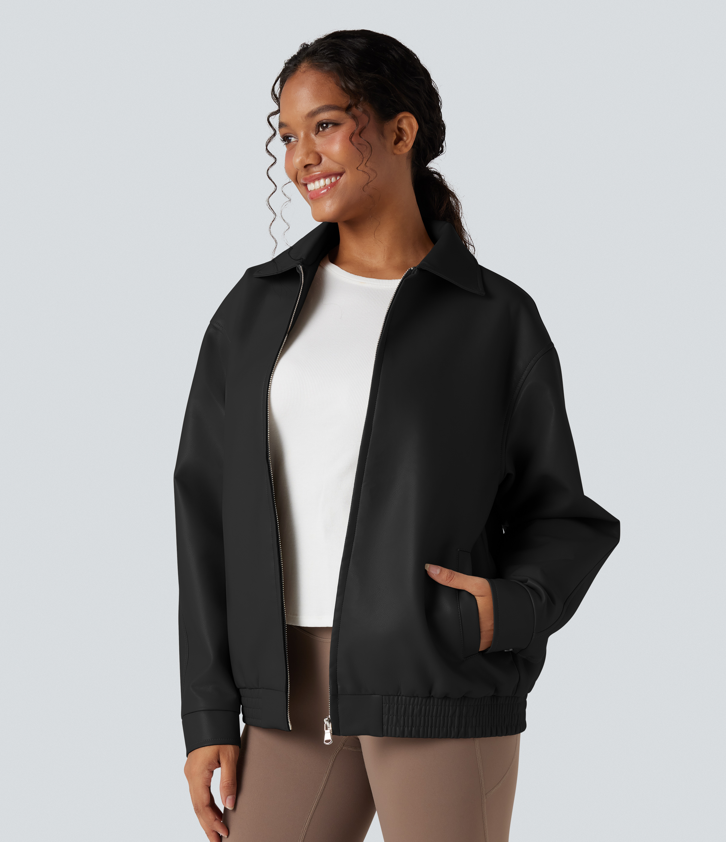 Collar Long Sleeve Relaxed Casual Faux Leather PU Jacket with Pockets