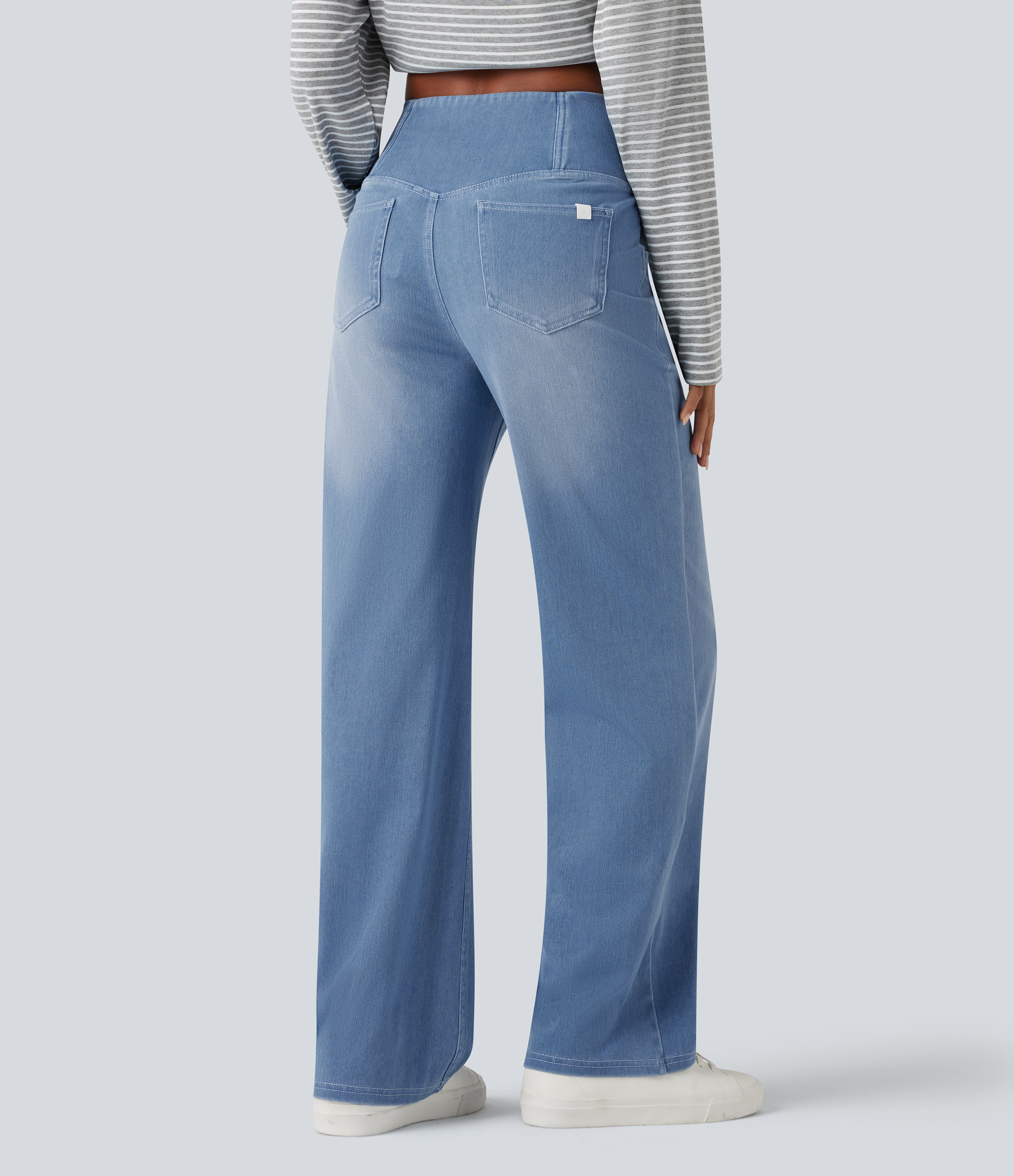 Powder Blue Denim Halara Flex™ Crossover High Waisted Tummy Control Casual Straight Leg Jeans with Pockets / 2