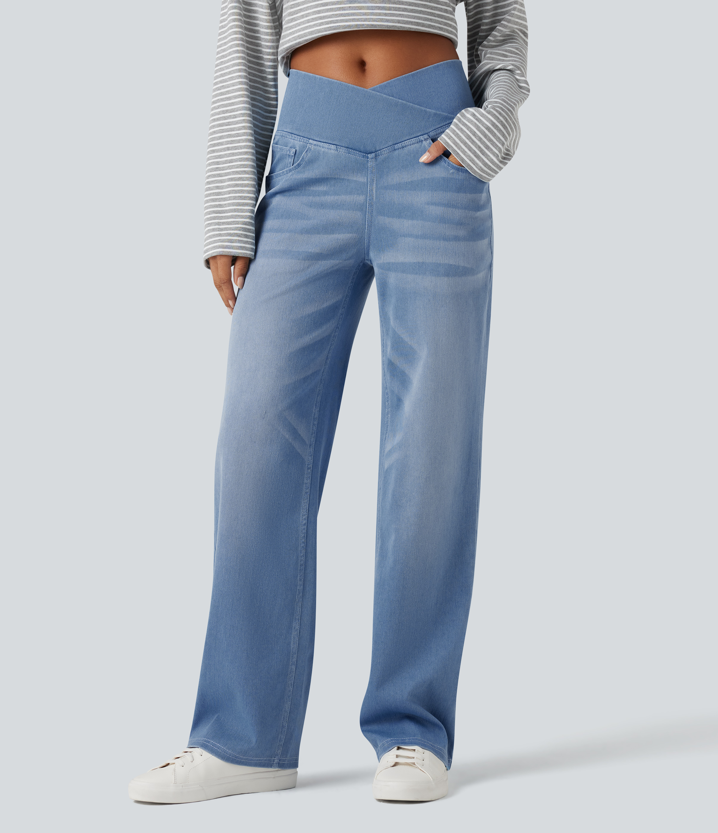 Halara Flex™ Crossover High Waisted Tummy Control Casual Straight Leg Jeans with Pockets