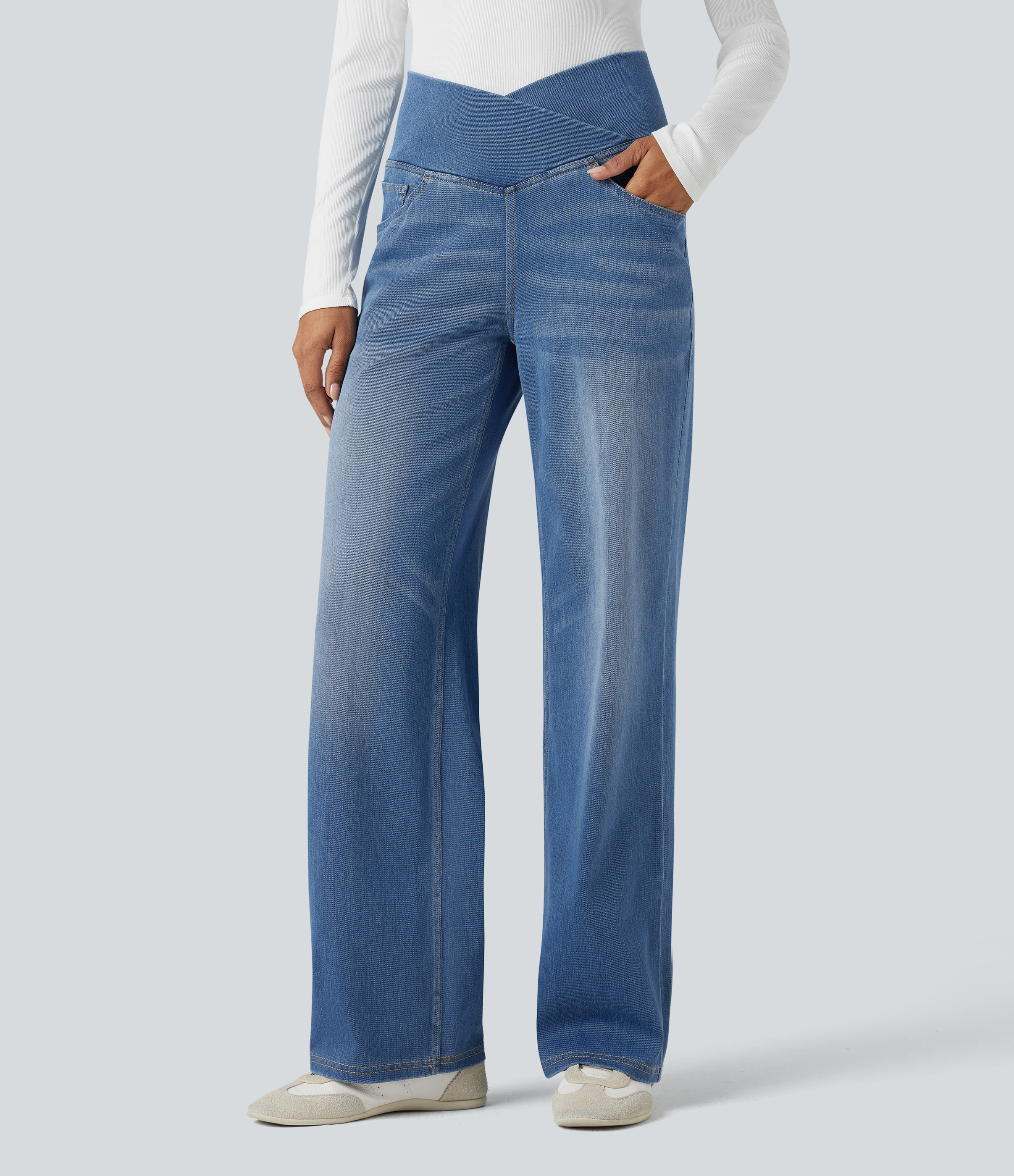 Halara Flex™ Crossover High Waisted Tummy Control Casual Straight Leg Jeans with Pockets — Blue Jasper Denim by Halara