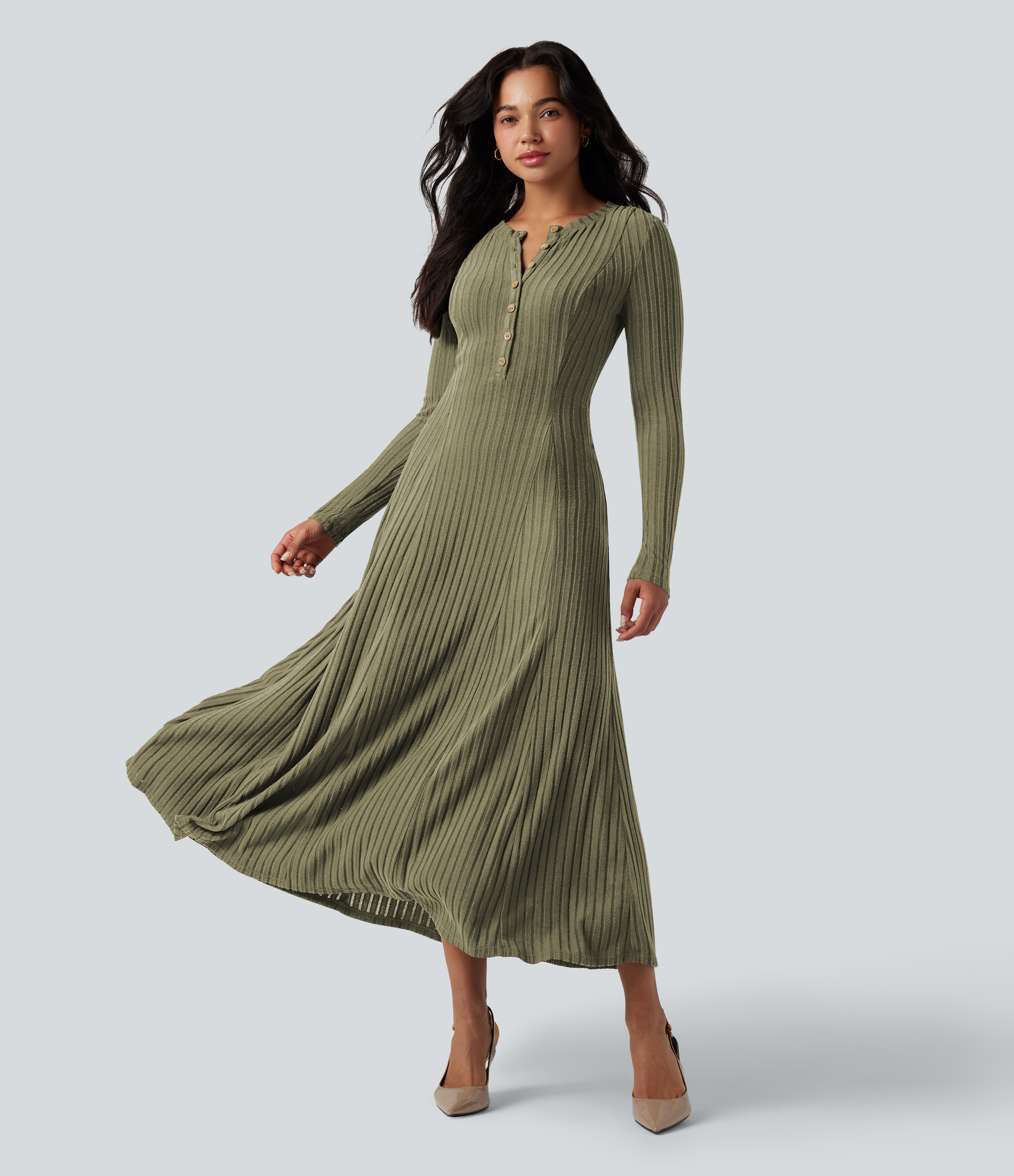 Ribbed Knit Henley Neck Long Sleeve Flowy Maxi Casual Dress