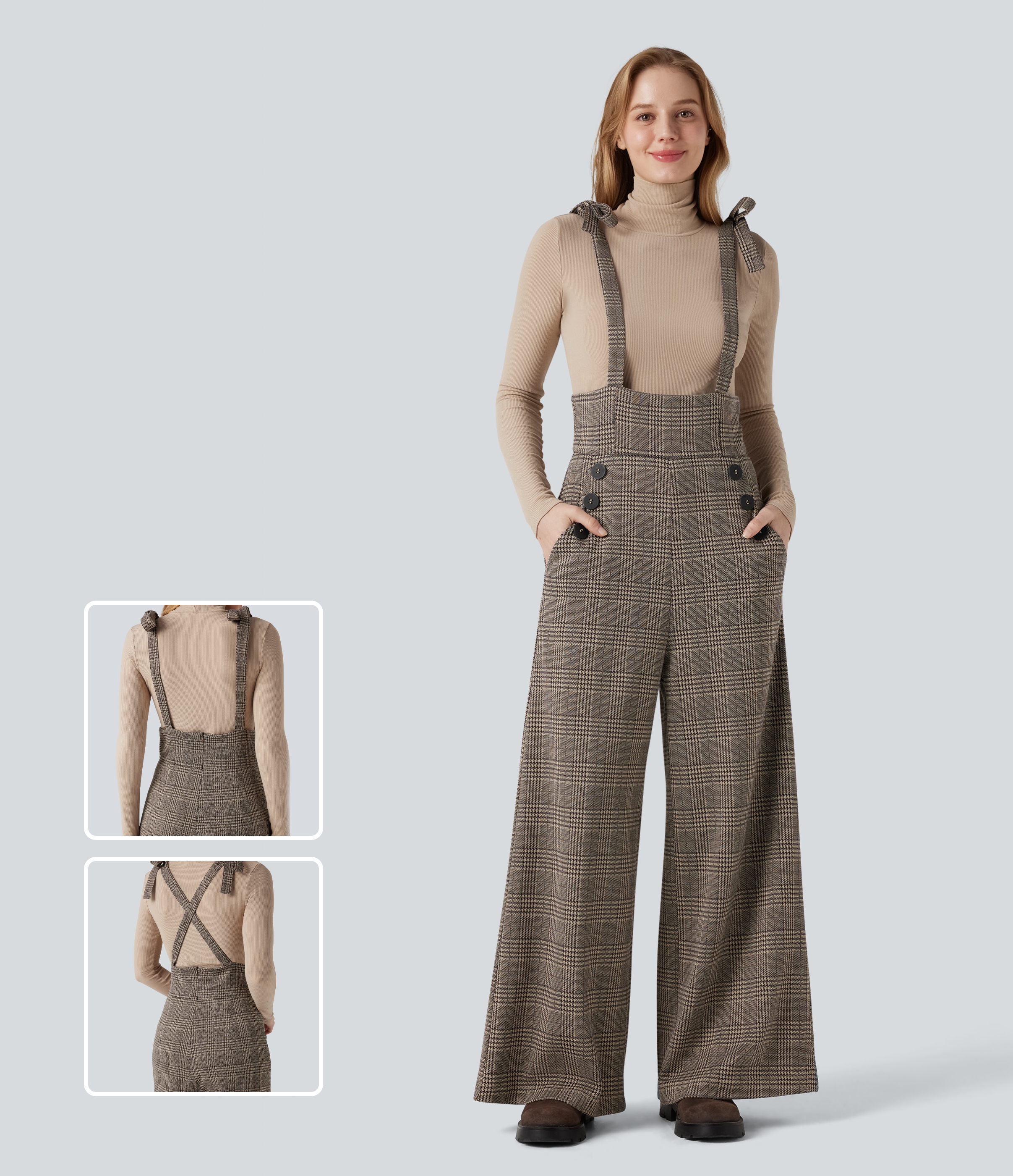 Brown Houndstooth Plaid Tie Side Wide Leg Houndstooth Plaid Work Dungarees with Pockets / 1