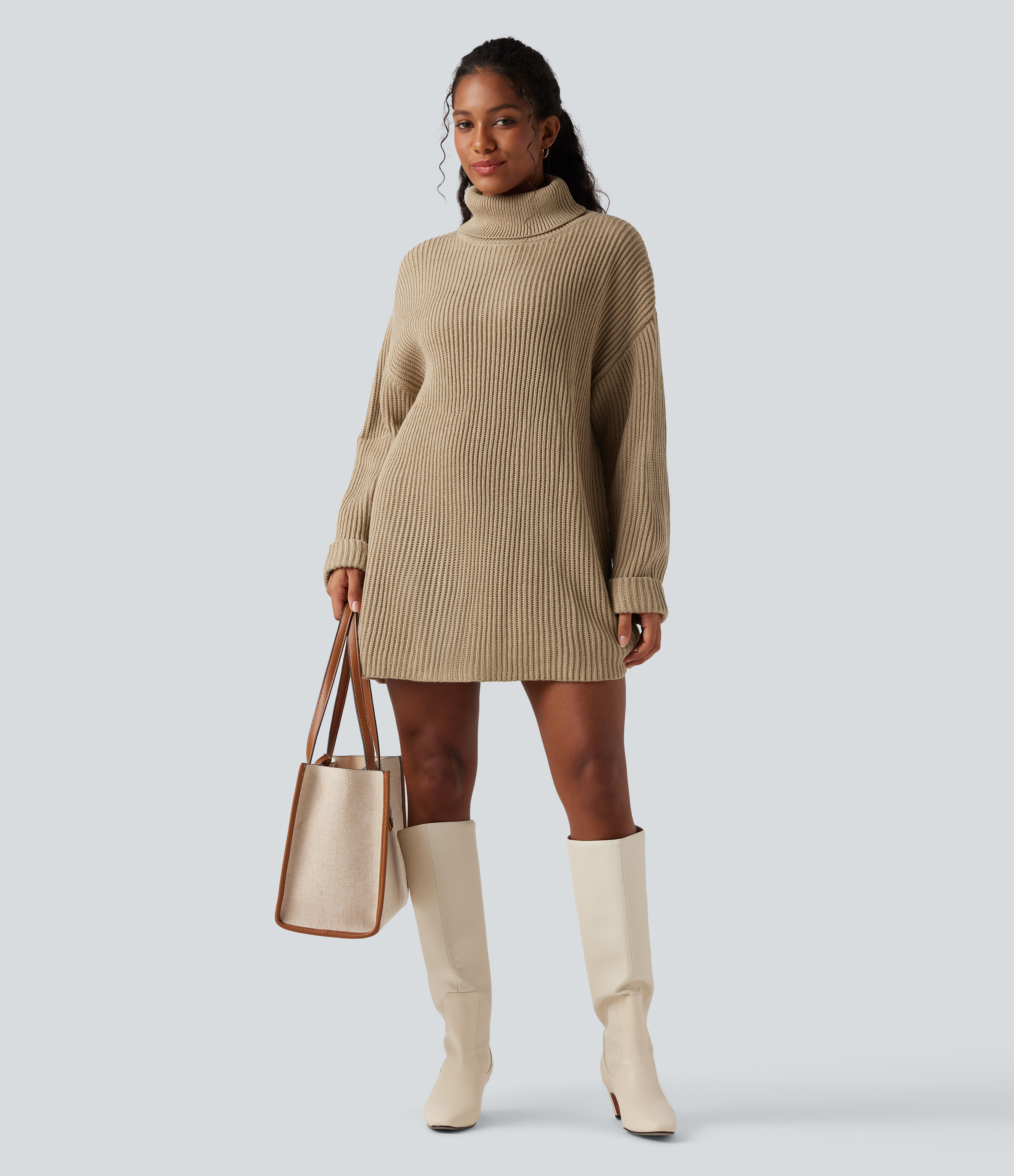 High Neck Long Sleeve Mini Work Sweater Dress