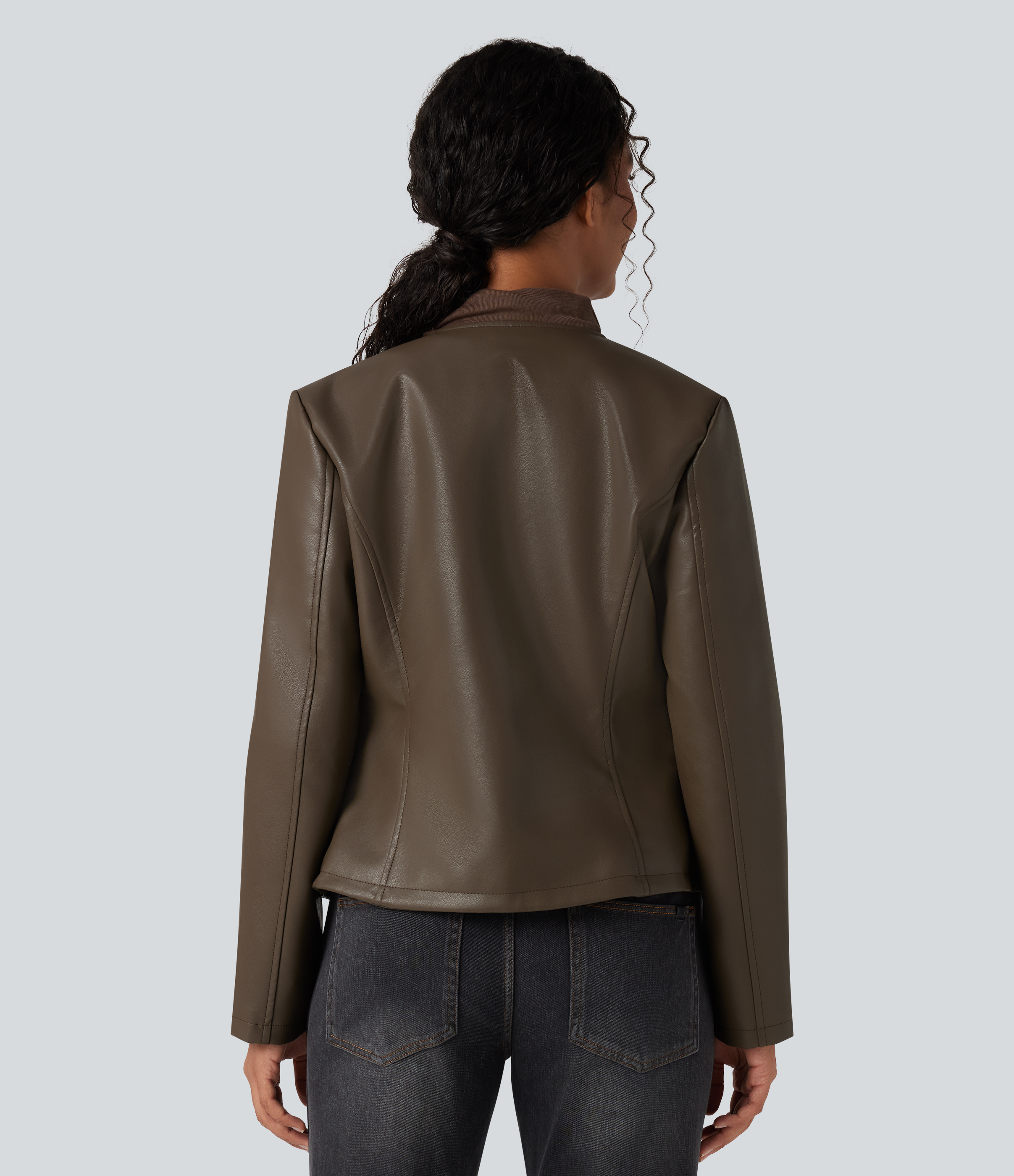 Thick Earthy Brown Round Neck Long Sleeve Zipper Casual Faux Leather Jacket with Pockets / 2