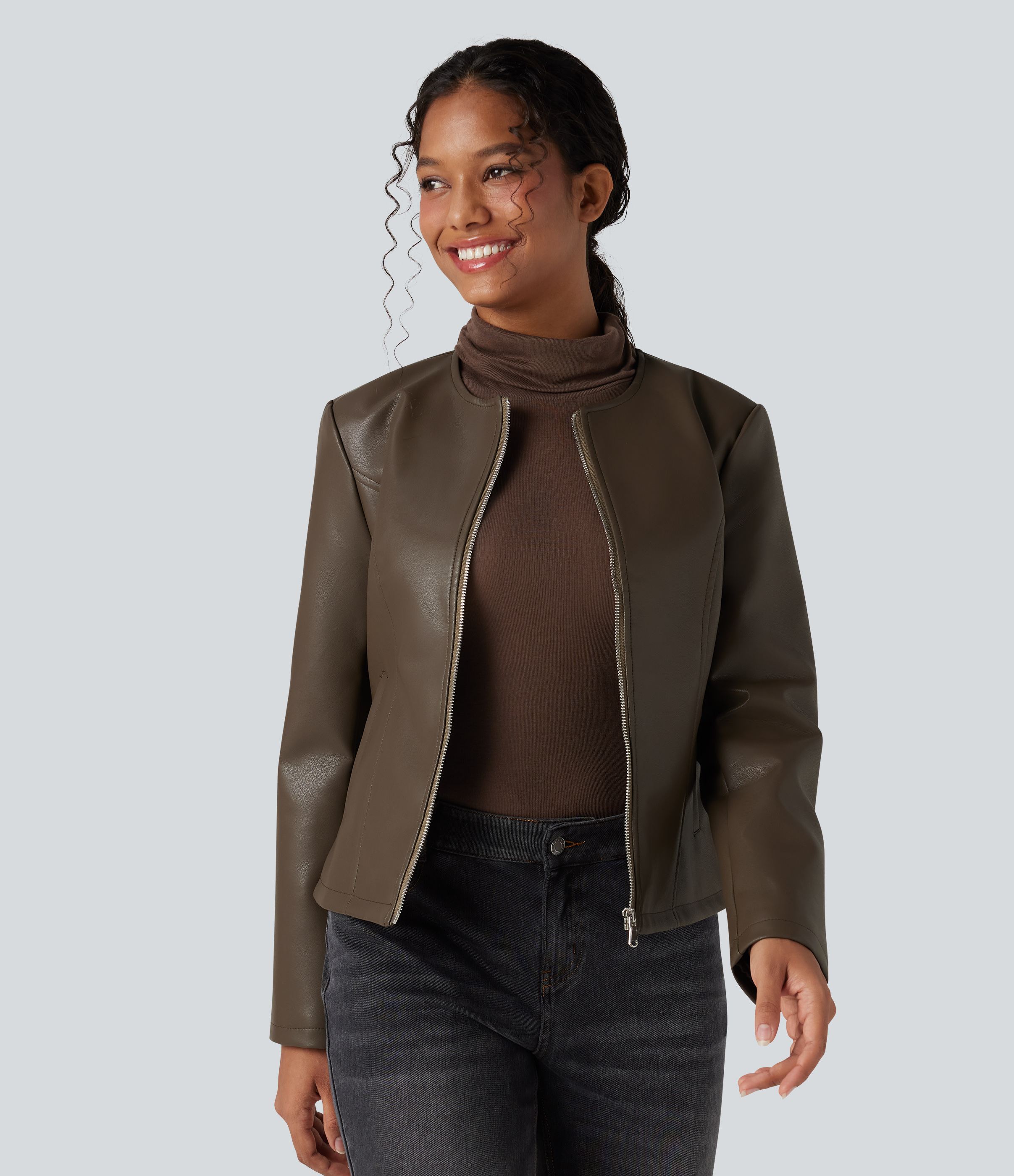 Veste décontractée tissu enduit col rond à manches longues et zip avec poches