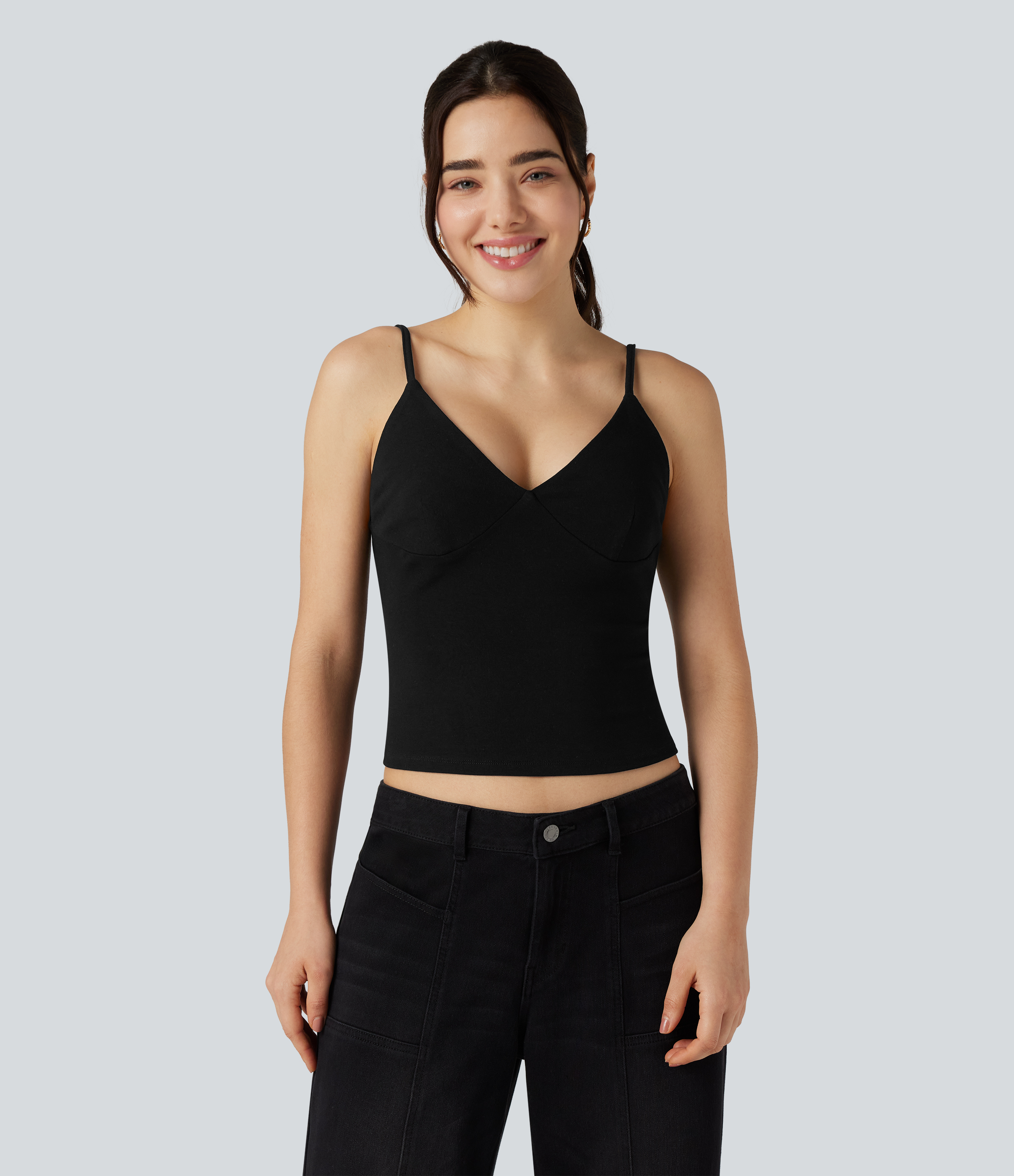 Black Deep V-neck Adjustable Strap Casual Cami Top / 2