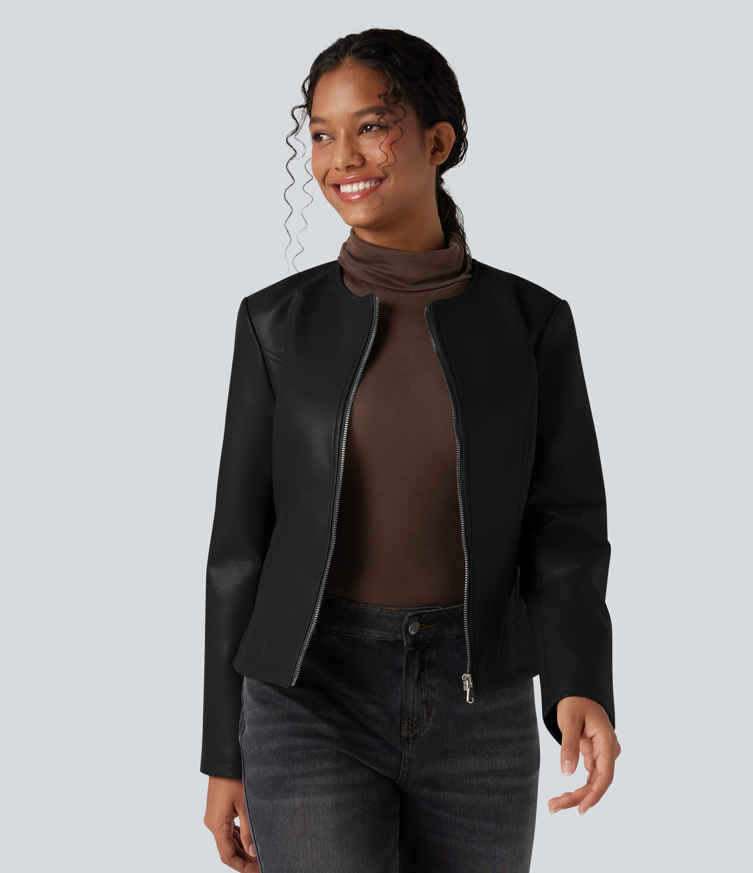 Round Neck Long Sleeve Zipper Casual Faux Leather Jacket with Pockets
