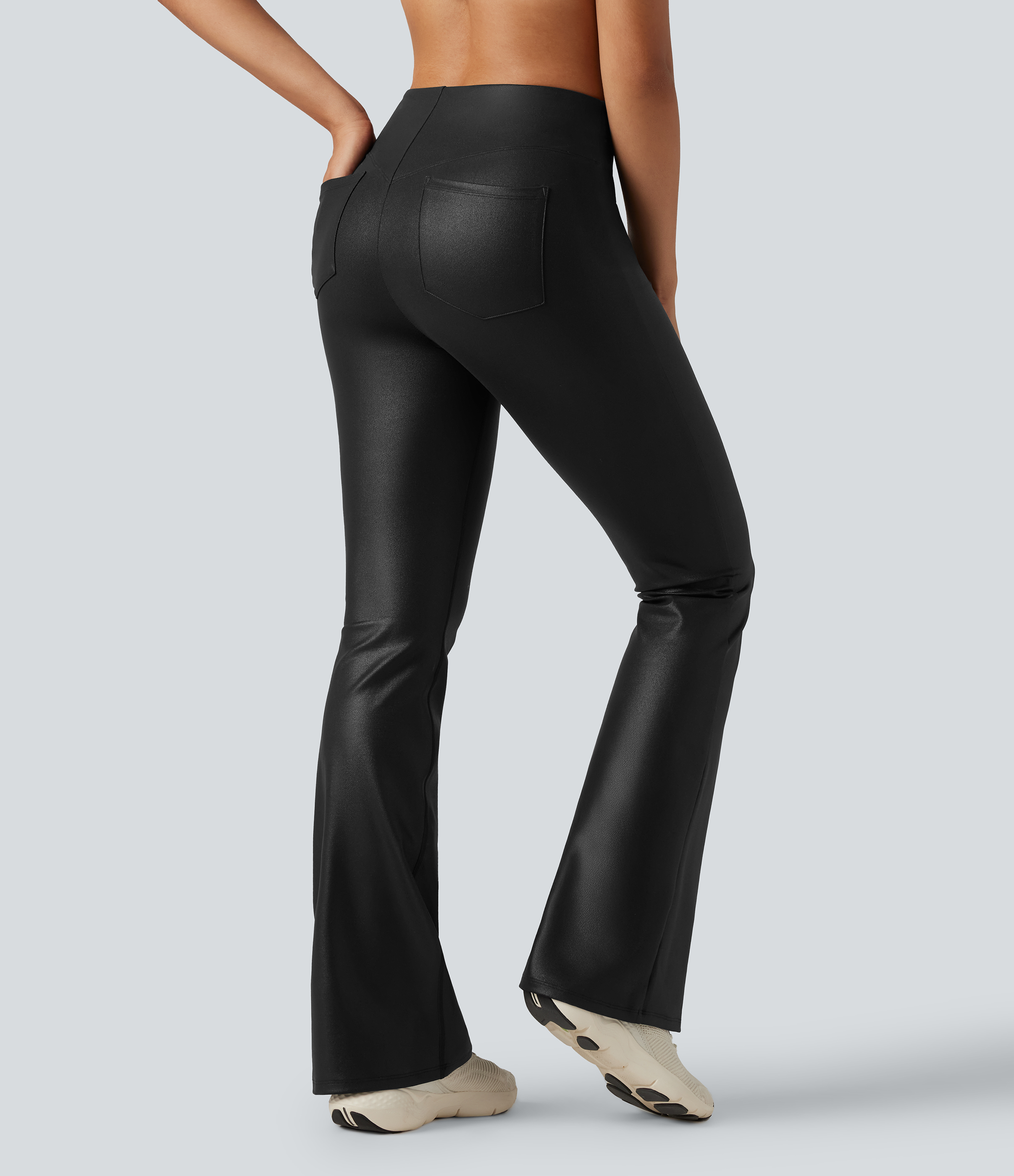 Black Halara Ultrasculpt™ Faux Leather Shine High Waisted Bootcut Yoga Leggings with Pockets / 2