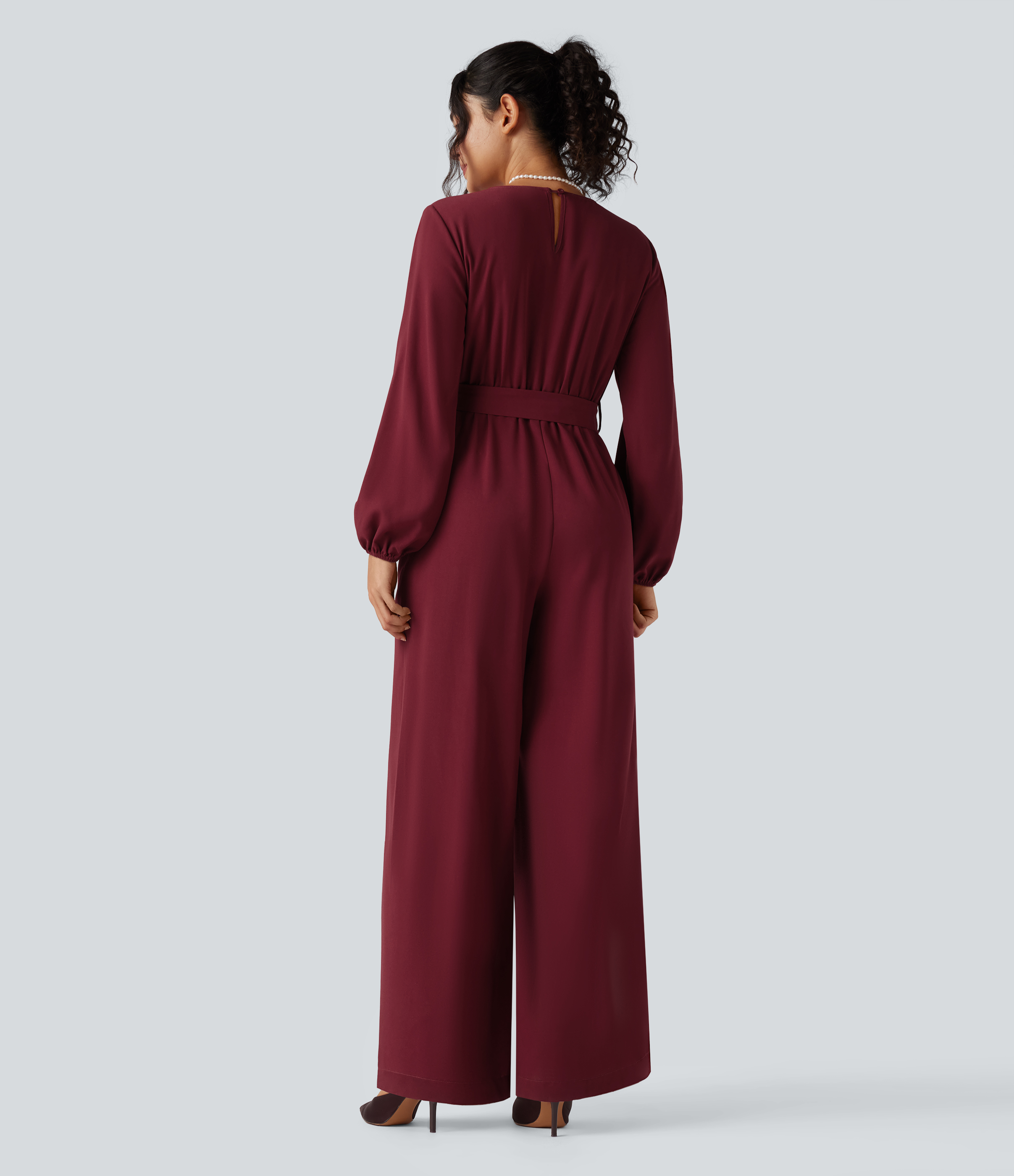 Cabernet V-neck Puff Long Sleeve Belted Wide Leg Party Jumpsuit with Pockets / 2