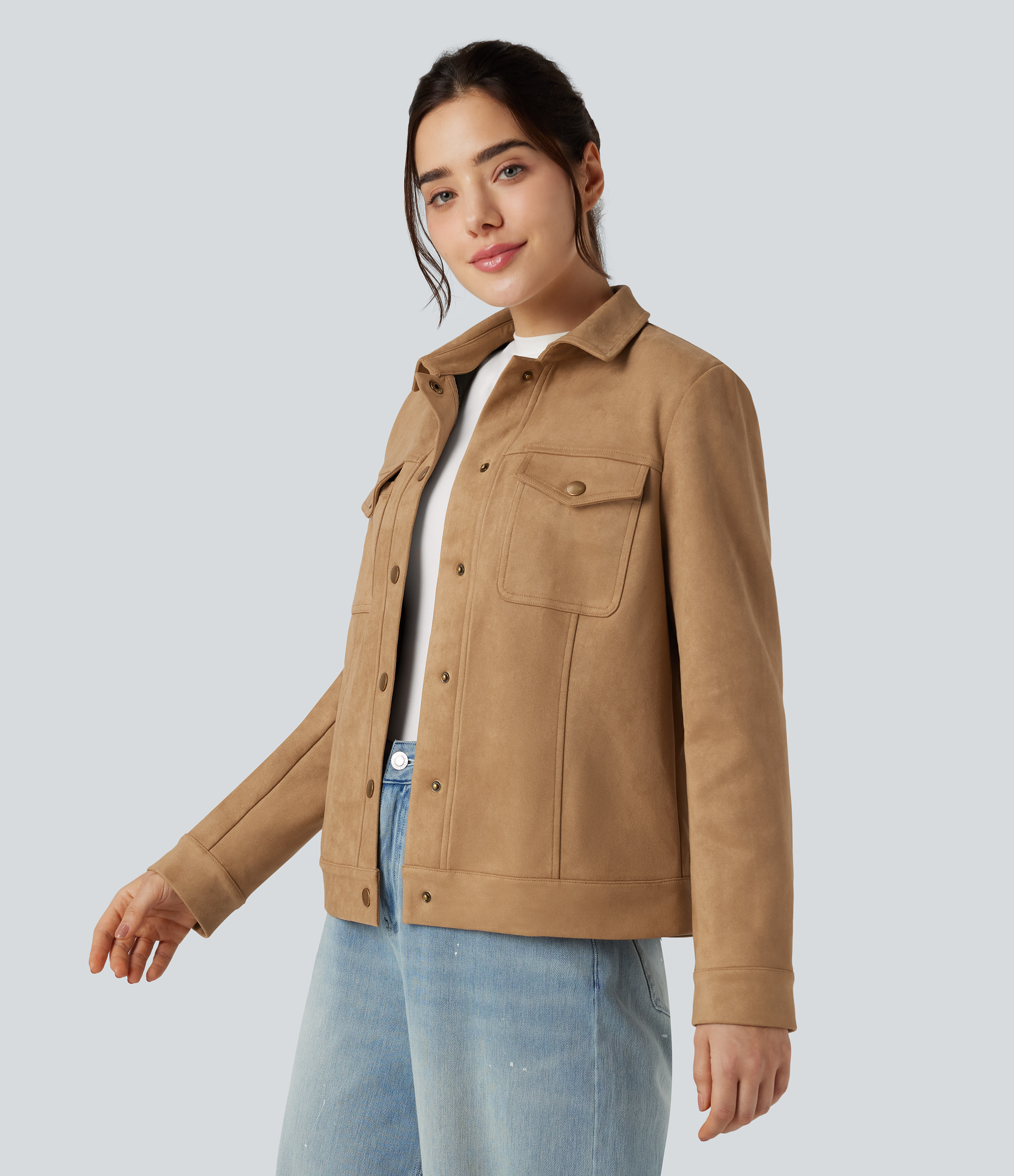 Collar Long Sleeve Casual Suede Jacket with Pockets