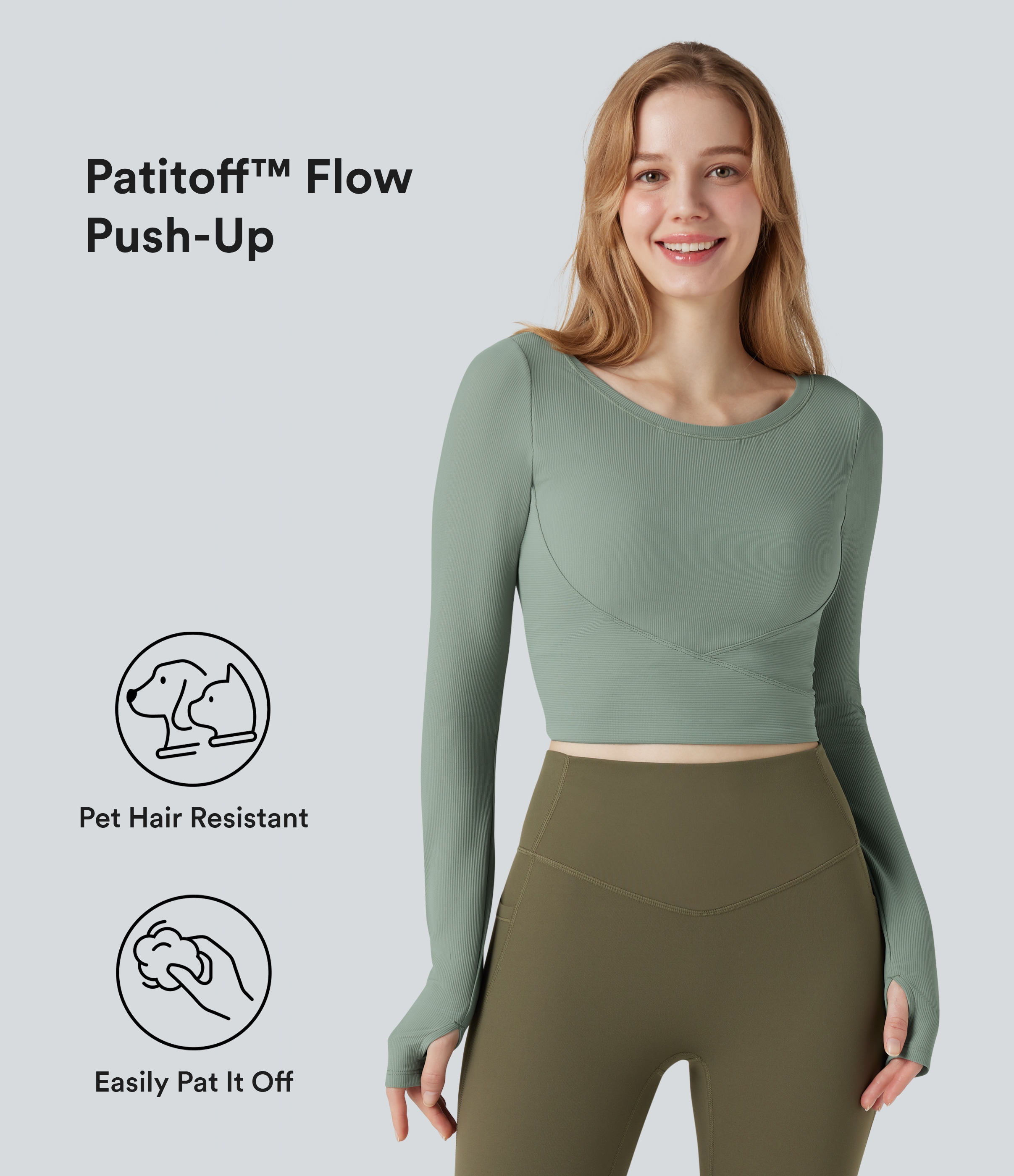 Patitoff™ Flow - Kurzes Yoga-Sport-Top mit langen Ärmeln und Daumenlöchern - Push-Up, tierhaarresistent