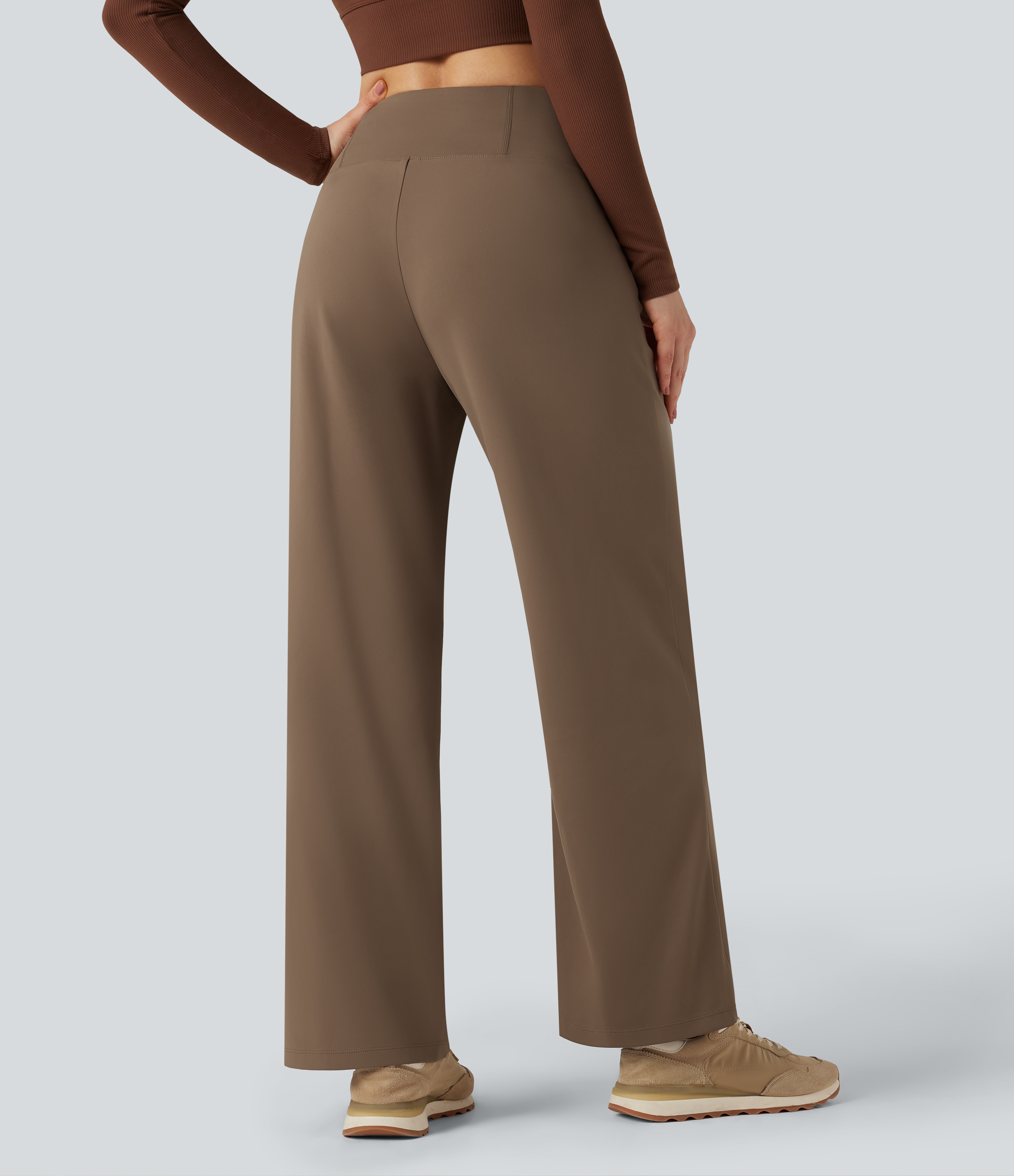 Reddish Brown High Waisted Tummy Control Wide Leg Yoga Trousers with Pockets / 2