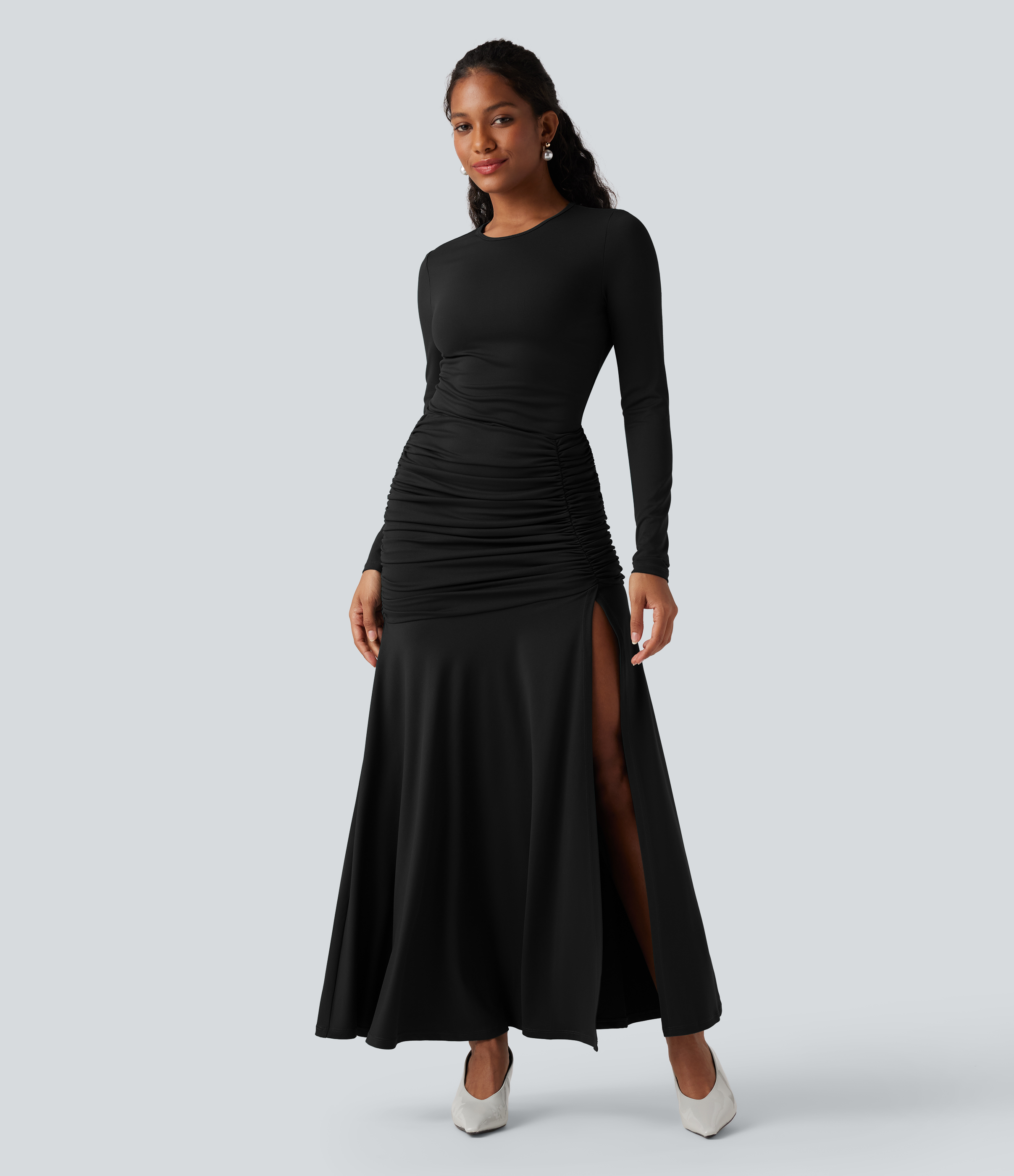 Round Neck Long Sleeve Ruched Mermaid Maxi Dress
